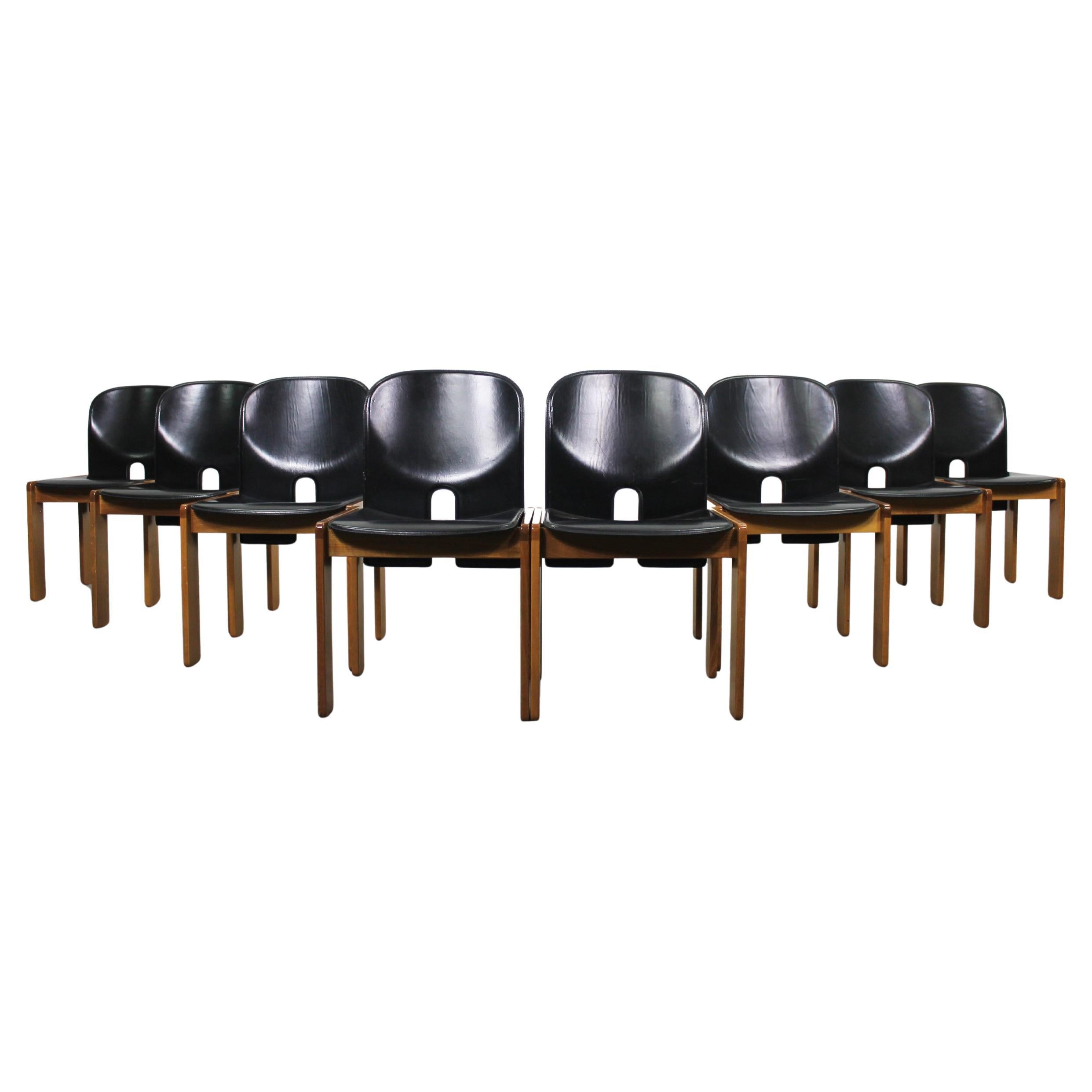 Tobia & Tobia Scarpa Set di otto sedie 121 in pelle nera di Cassina 1970ca. in vendita