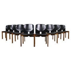 Tobia & Afra Scarpa Set of Eight 121 Chairs in Black Leather by Cassina 1970ca.
