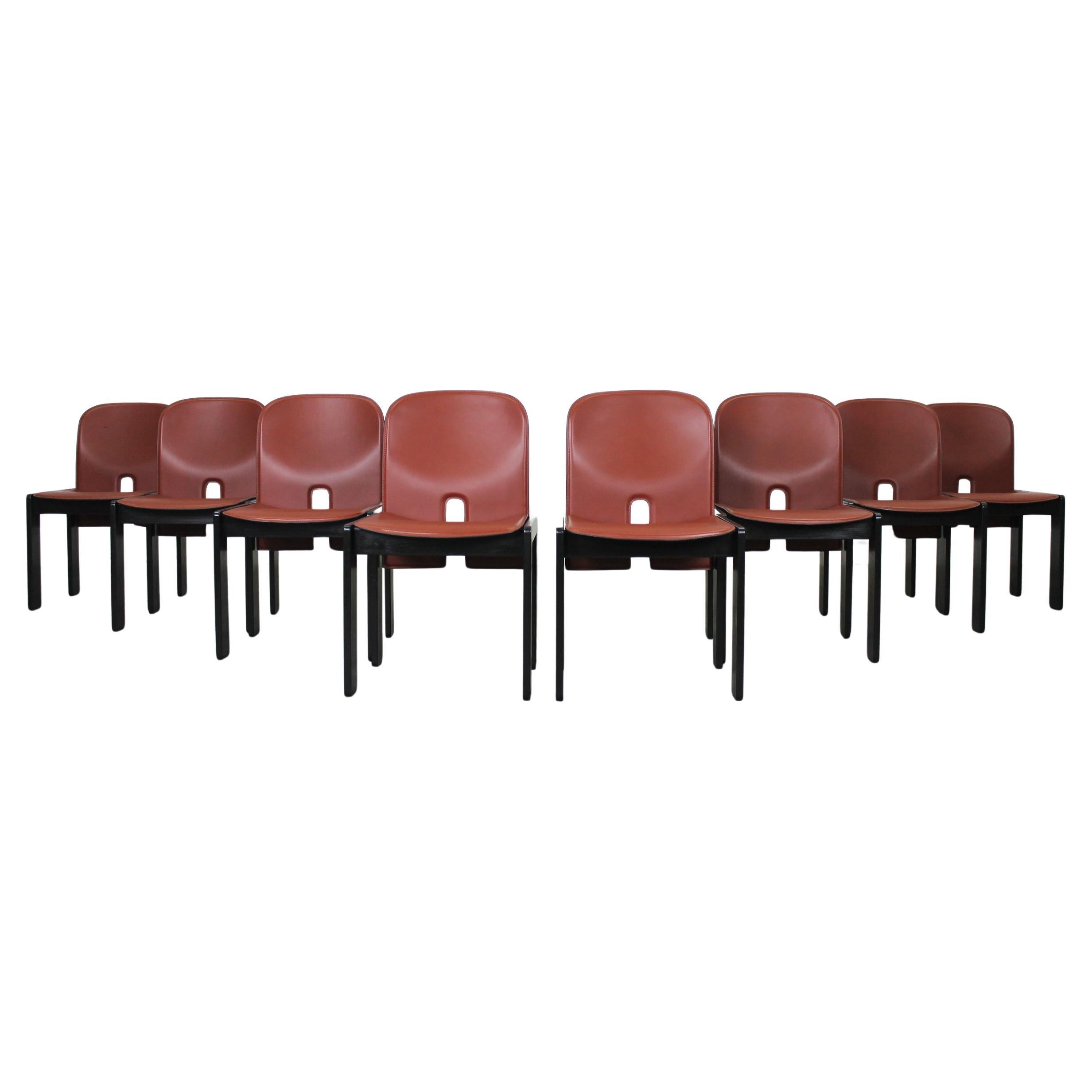 Tobia & Afra Scarpa Set of Eight 121 Chairs in Wood and Leather by Cassina 1970s