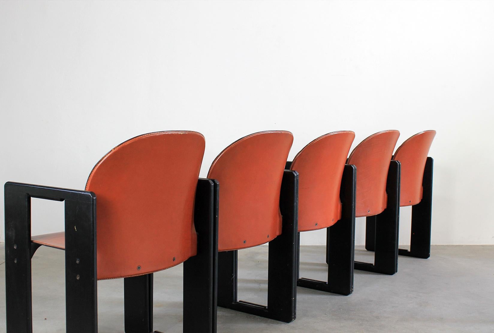 Italian Tobia & Afra Scarpa Set of Six Dialogo Chairs in Leather and Wood by B&B 1970s