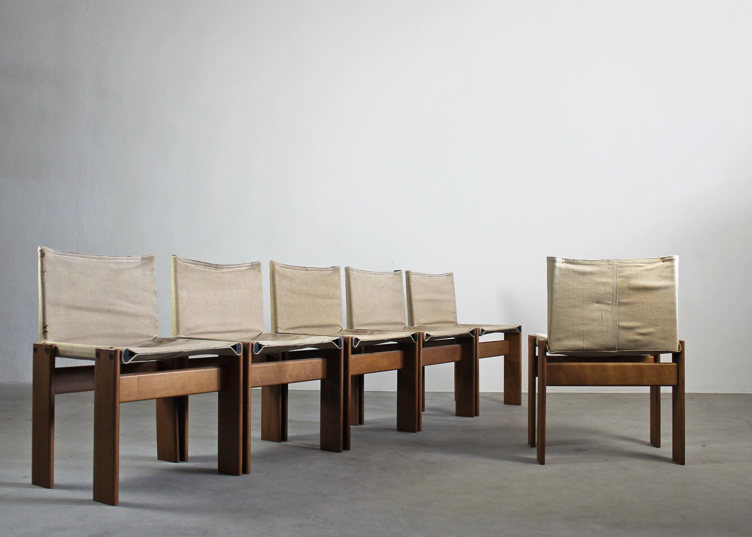 Mid-Century Modern Tobia & Afra Scarpa Set of Six Monk Chairs in Wood and Canvas for Molteni 1970s