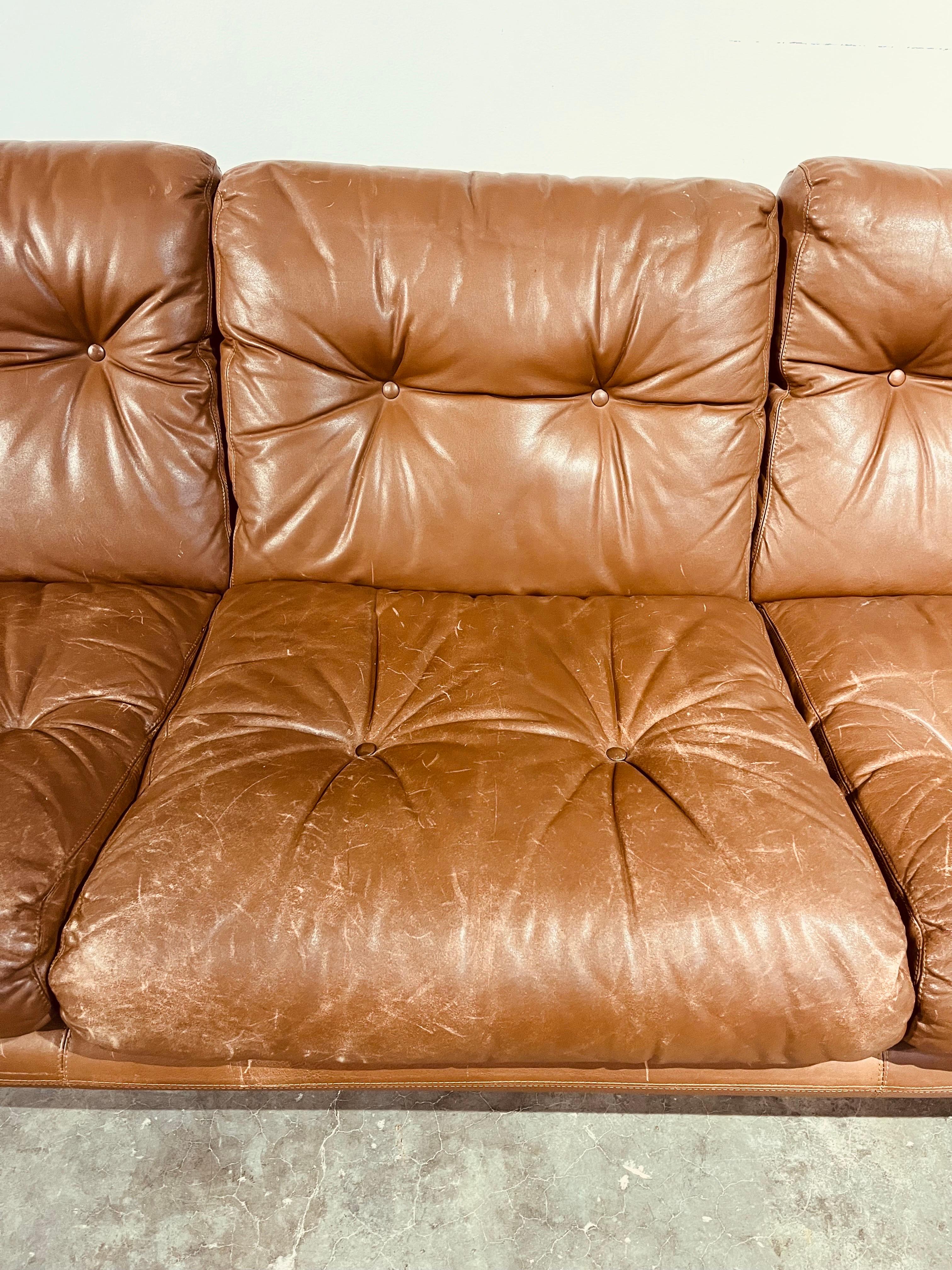Mid-Century Modern Tobia and Afra Scarpa C and B Itália Coronado Vintage Leather Three Seat Sofa