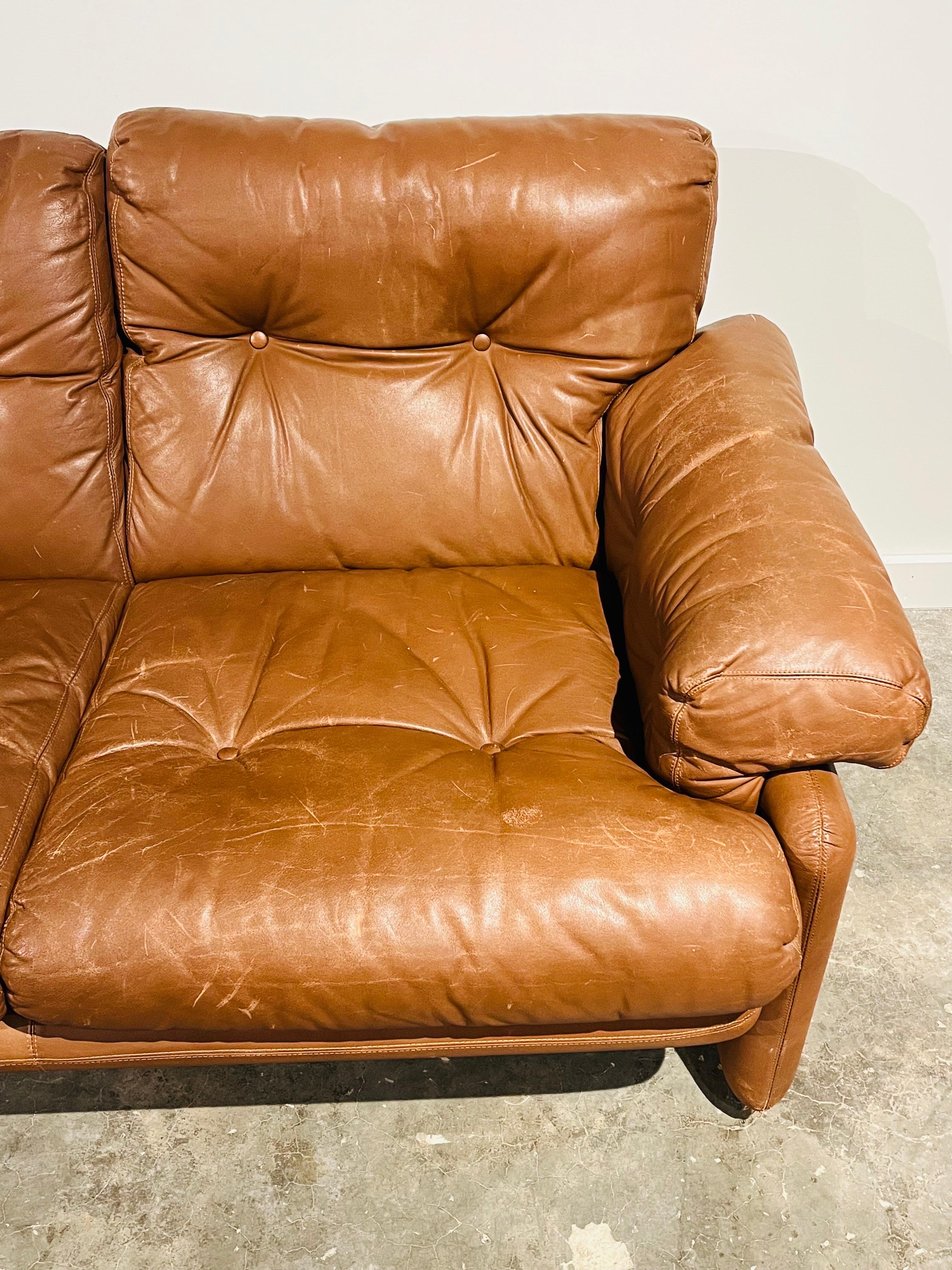 Italian Tobia and Afra Scarpa C and B Itália Coronado Vintage Leather Three Seat Sofa