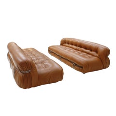 Tobia Scarpa and Edited by Cassina Pair of Brown Leather Soriana Sofas, 1960