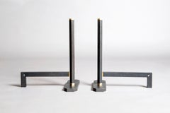 Vintage Tobia Scarpa Signed Minimalist Steel And Brass Fireplace Andirons