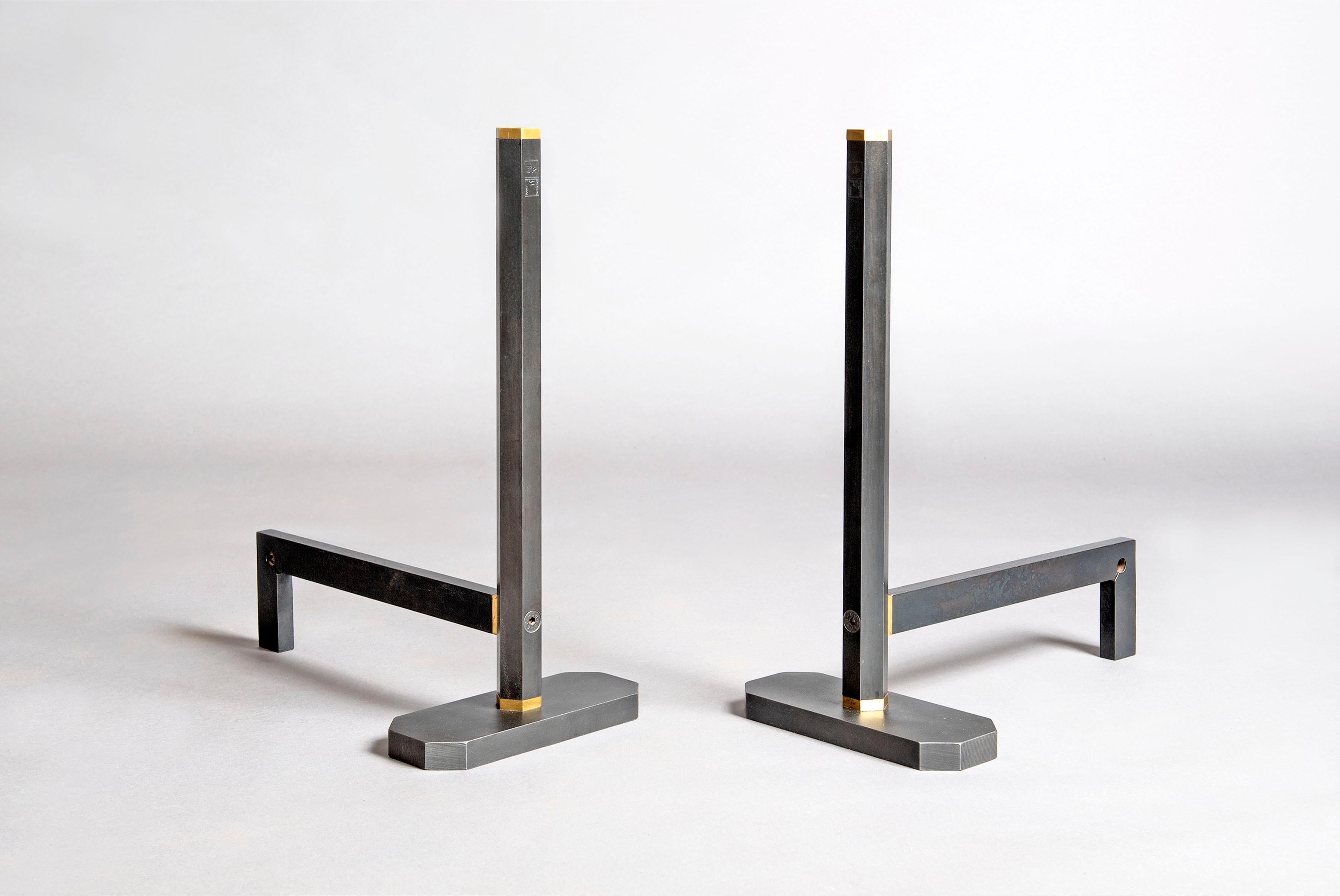 Modern Vintage Tobia Scarpa Signed Minimalist Steel And Brass Fireplace Andirons