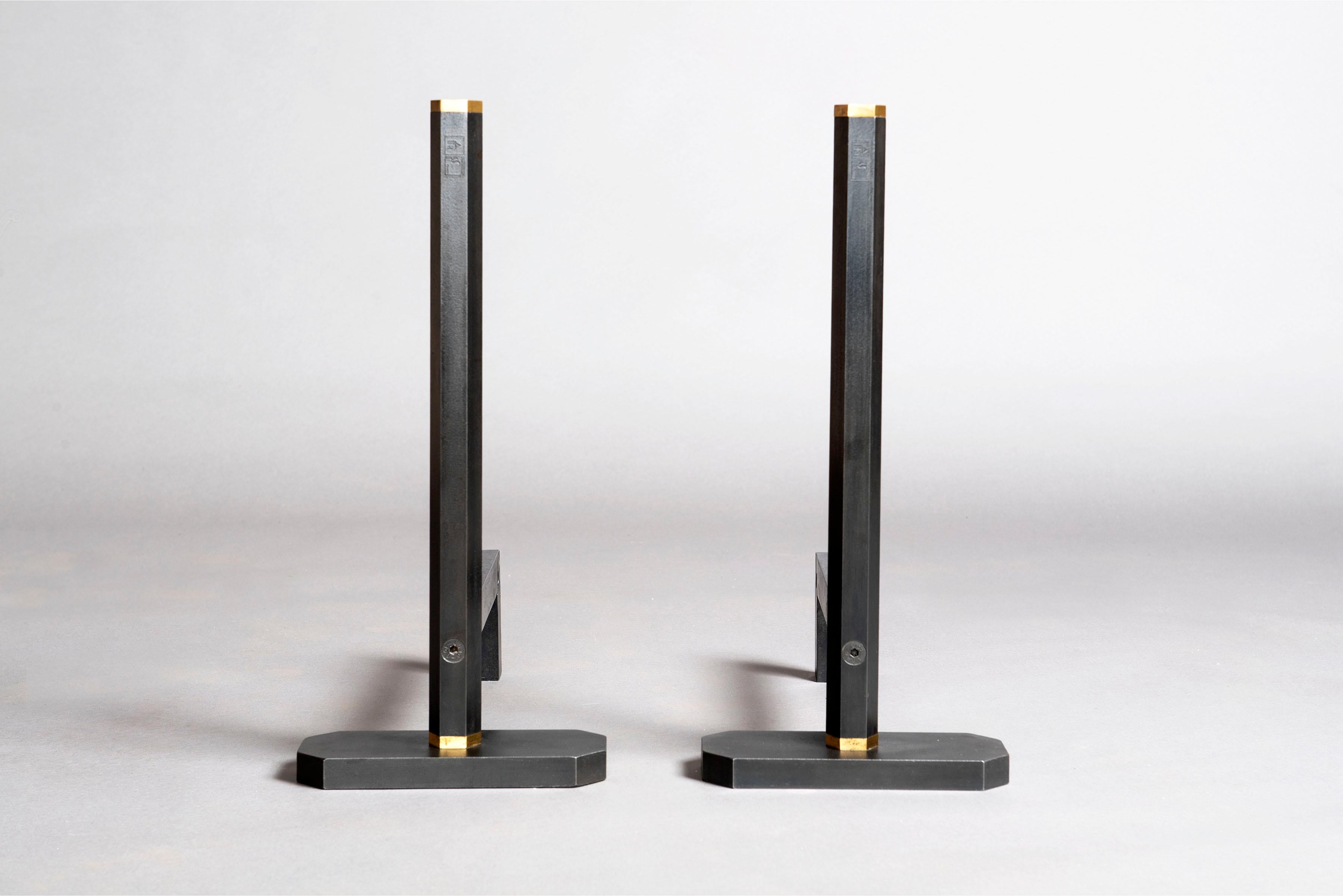 Vintage Tobia Scarpa Signed Minimalist Steel And Brass Fireplace Andirons In Excellent Condition In East Hampton, NY