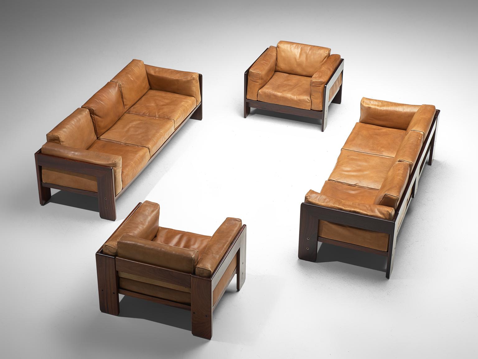 Mid-Century Modern Tobia Scarpa 'Bastiano' Living Room Set in Rosewood and Cognac Leather