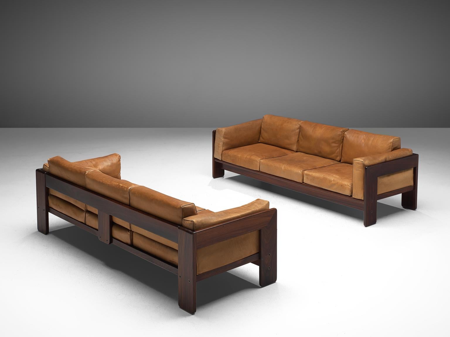 Italian Tobia Scarpa 'Bastiano' Living Room Set in Rosewood and Cognac Leather