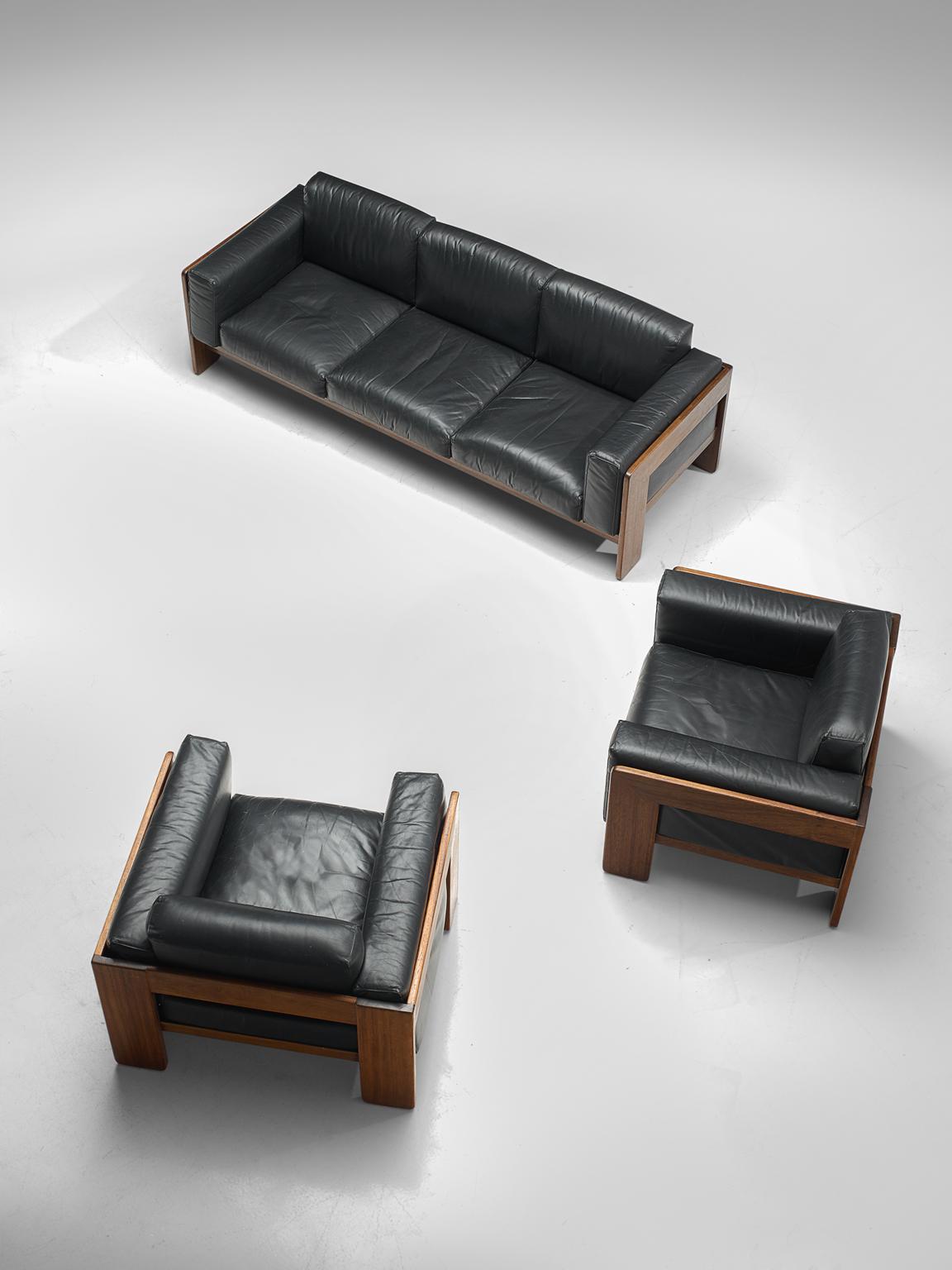 Mid-Century Modern Tobia Scarpa 'Bastiano' Living Room Set in Walnut and Black Leather