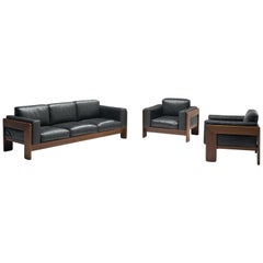 Tobia Scarpa 'Bastiano' Living Room Set in Walnut and Black Leather