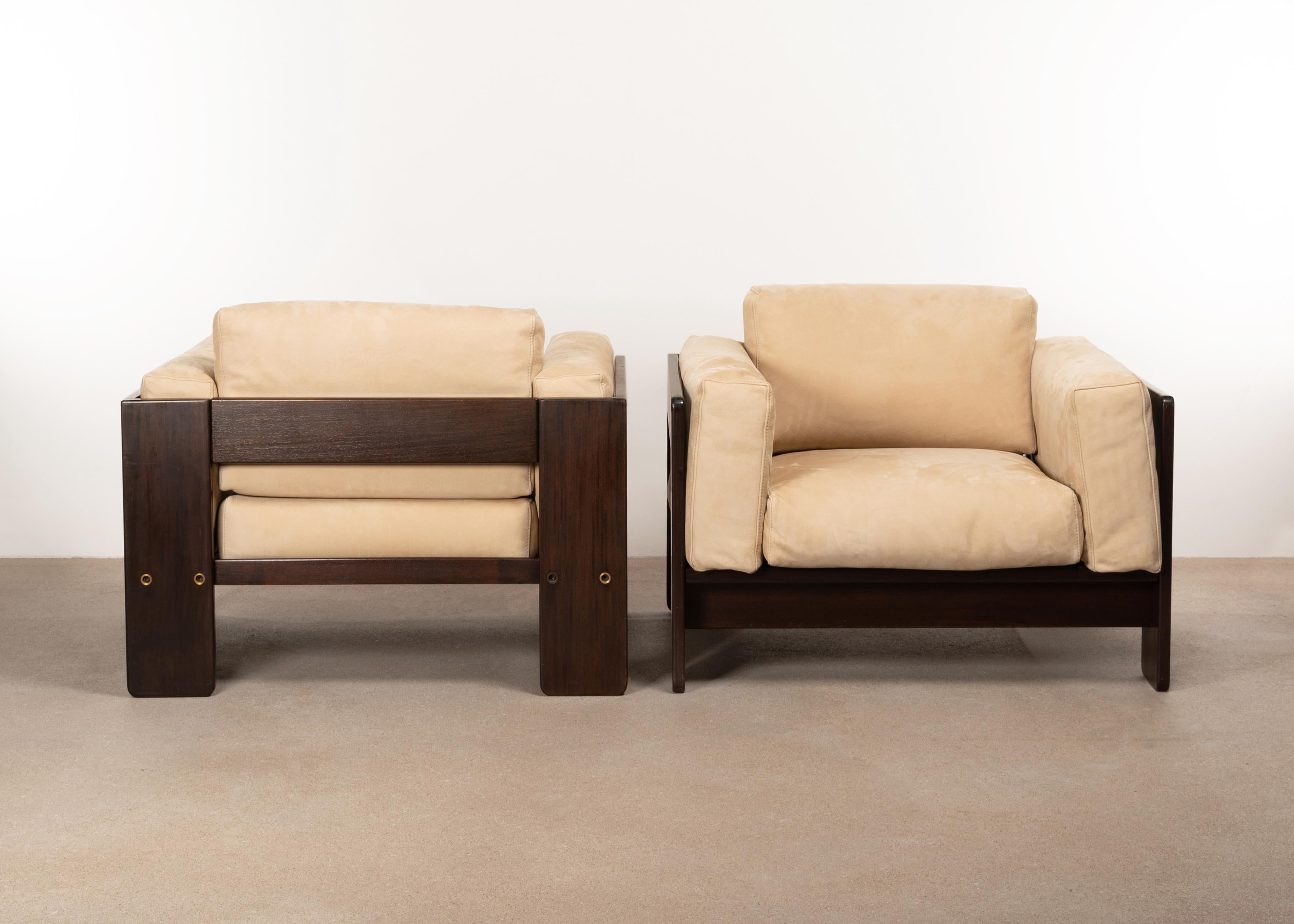 Mid-Century Modern Tobia Scarpa Bastiano Lounge Chairs in Walnut and Beige Suede Leather for Knoll
