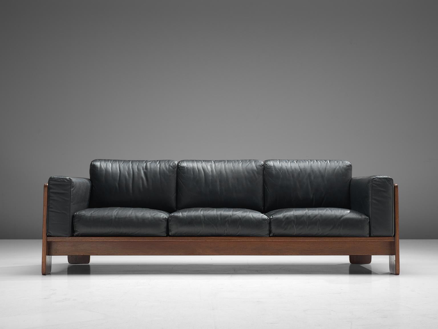 Mid-Century Modern Tobia Scarpa 'Bastiano' Sofa in Walnut and Black Leather