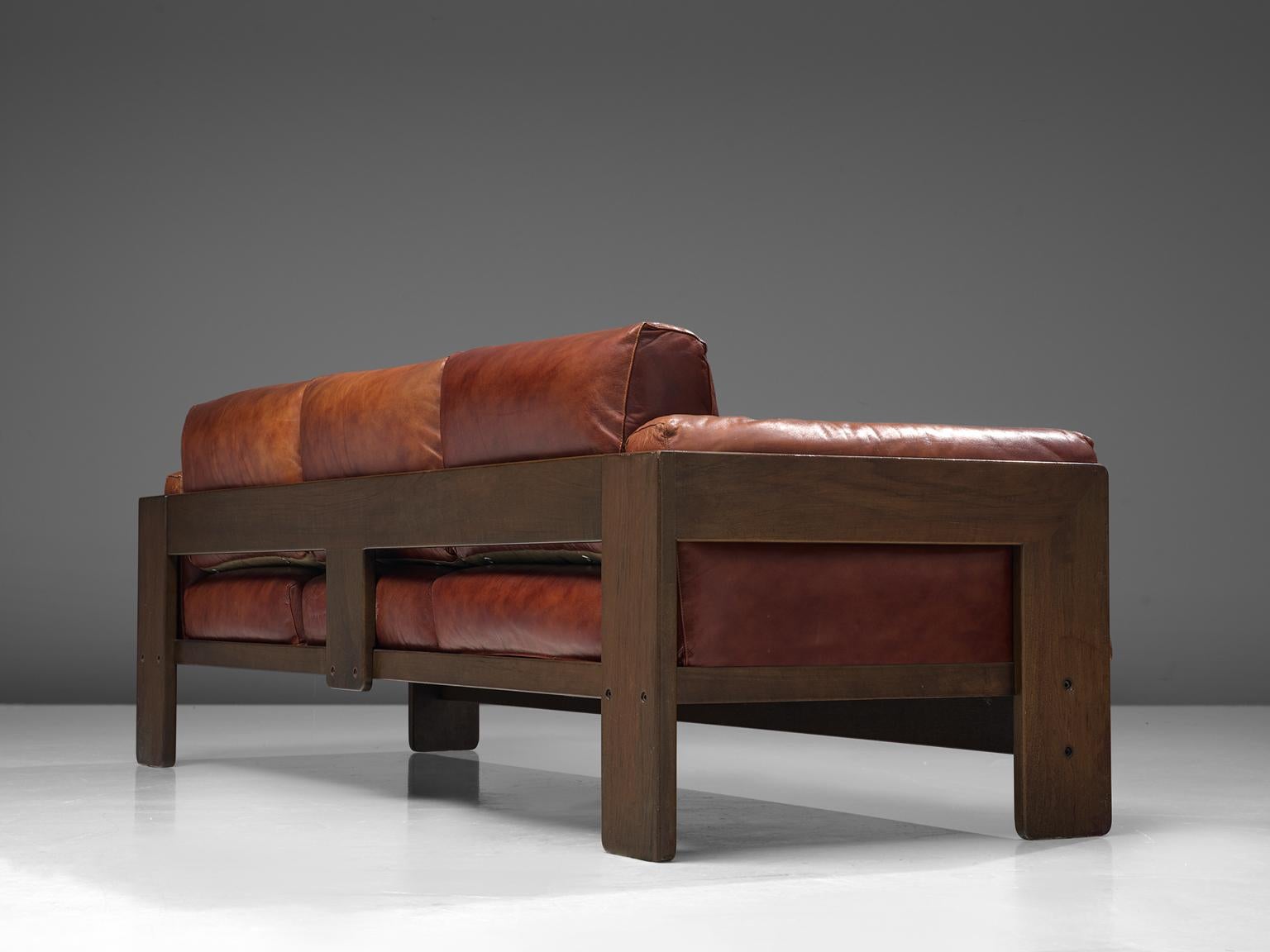 Mid-Century Modern Tobia Scarpa 'Bastiano' Sofa in Walnut and Cognac Leather