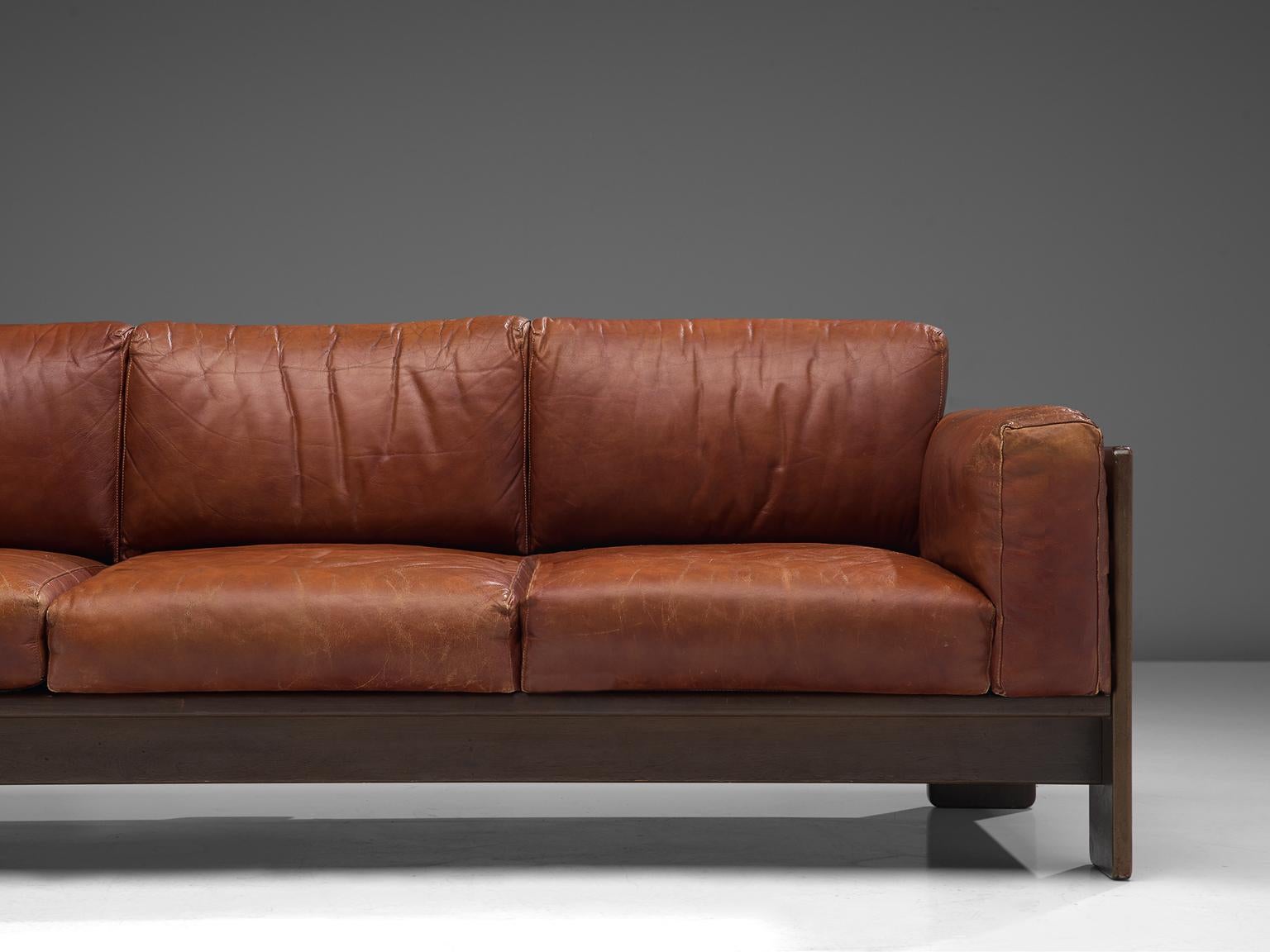 Italian Tobia Scarpa 'Bastiano' Sofa in Walnut and Cognac Leather