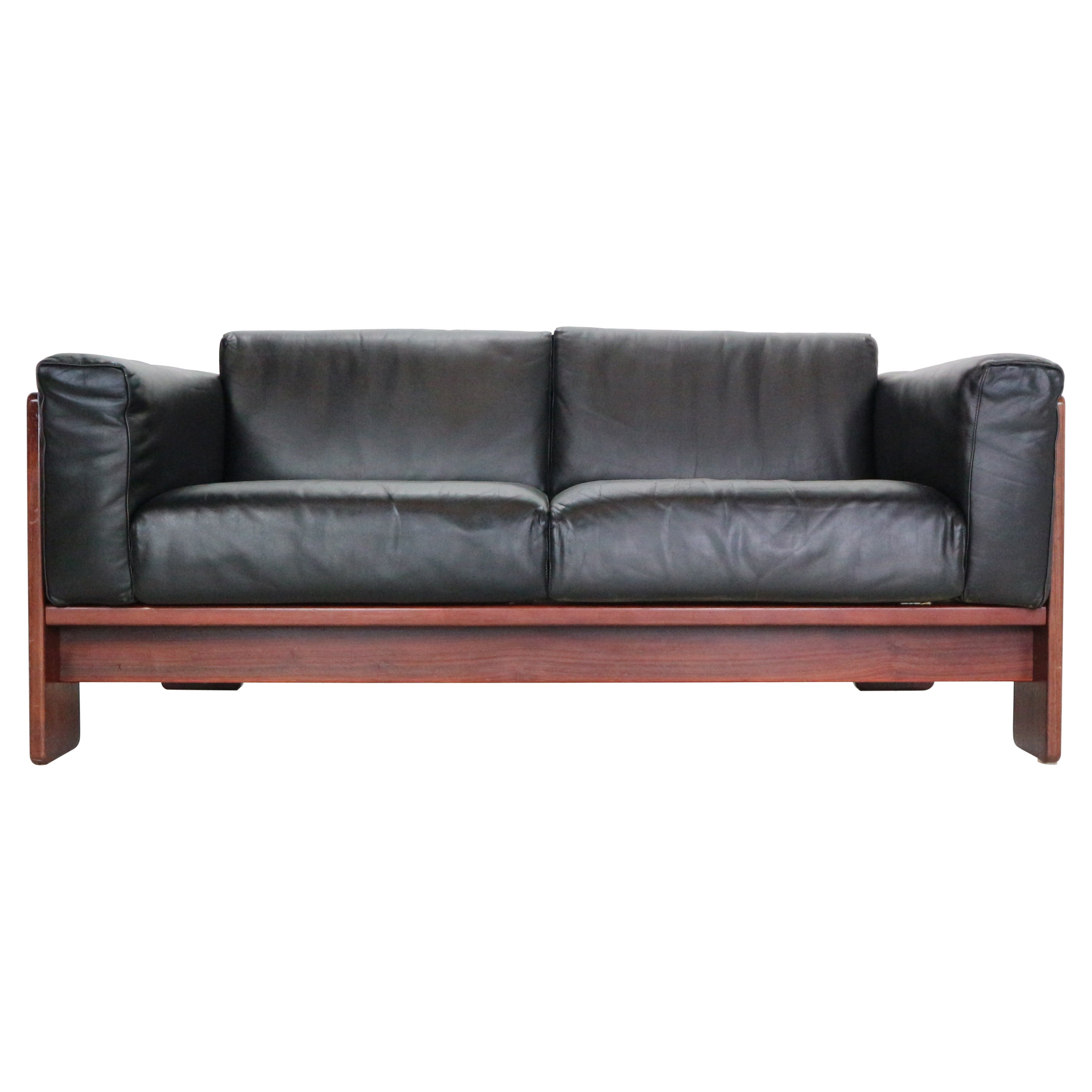 Tobia Scarpa Black Leather "Bastiano" 2-Seater Sofa for Knoll, 1960s, Italy