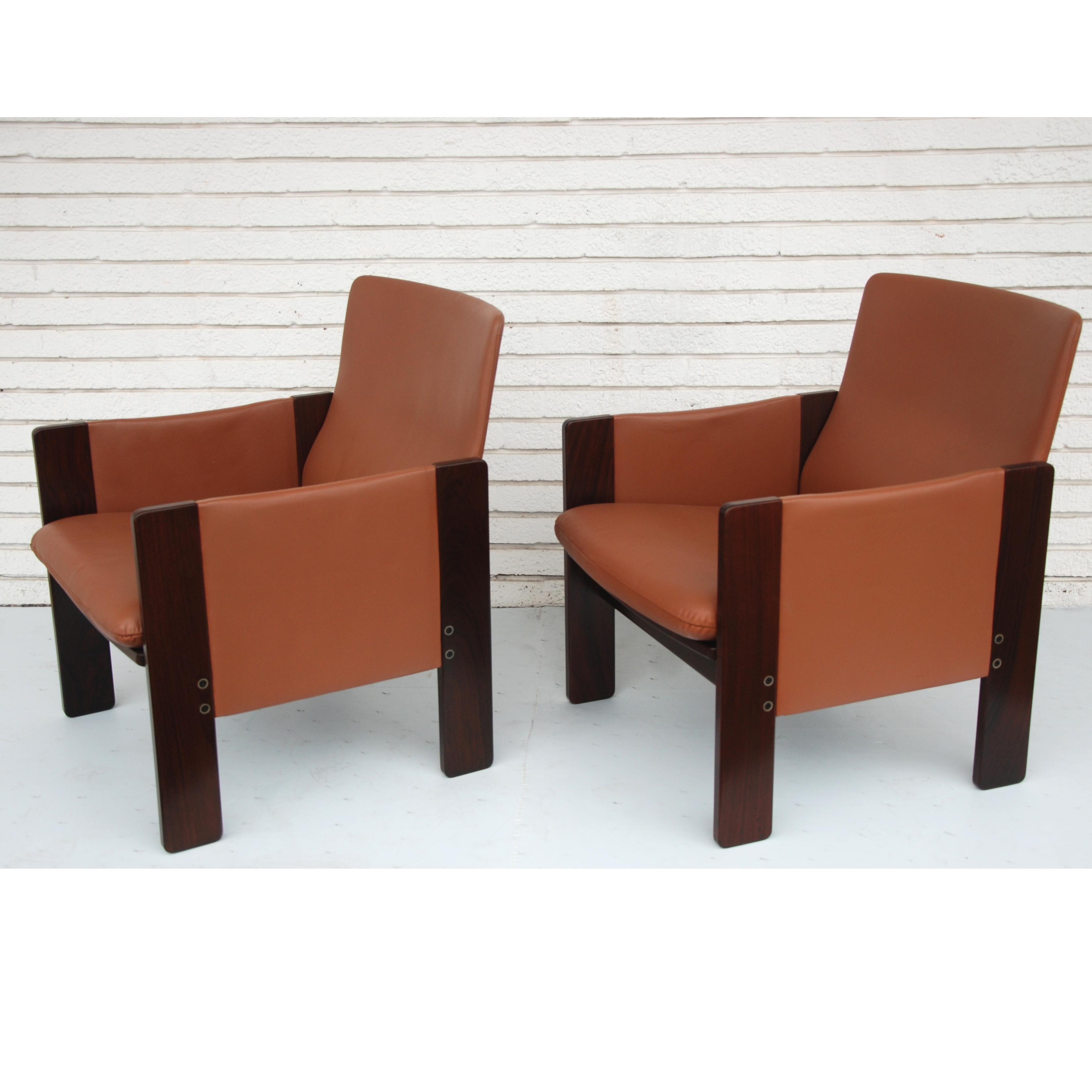 Mid-Century Modern Tobia Scarpa for Cassina Rosewood and Leather Lounge Chairs