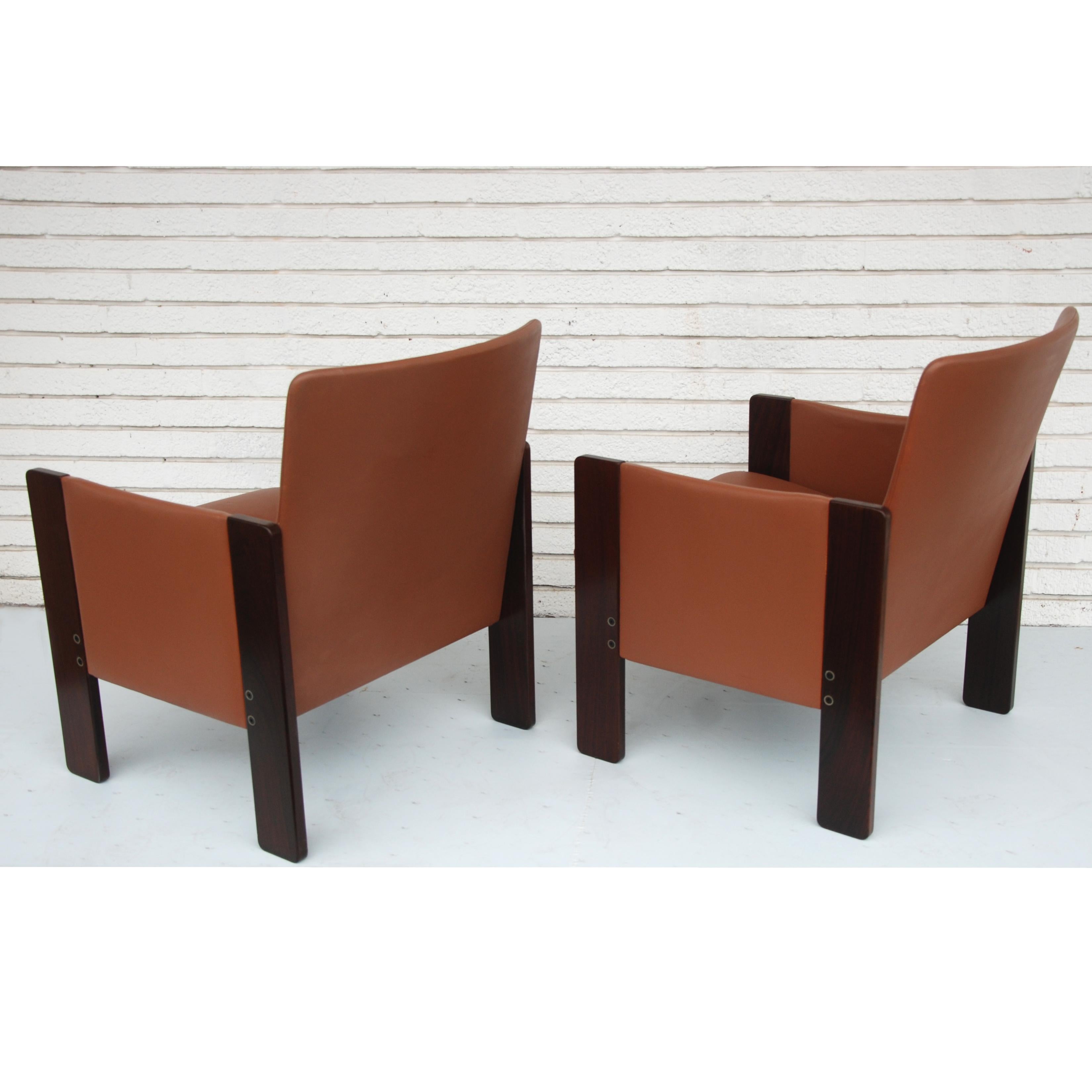 Italian Tobia Scarpa for Cassina Rosewood and Leather Lounge Chairs