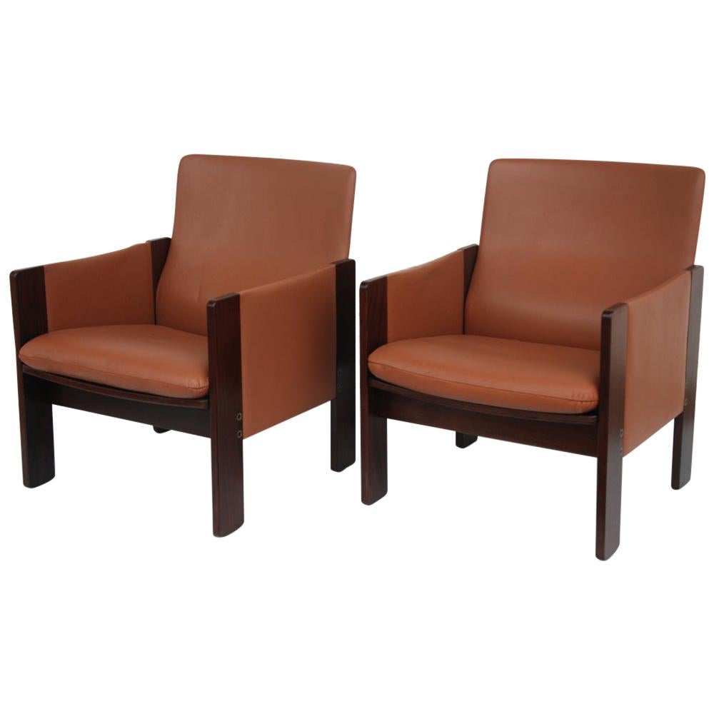 Tobia Scarpa for Cassina Rosewood and Leather Lounge Chairs