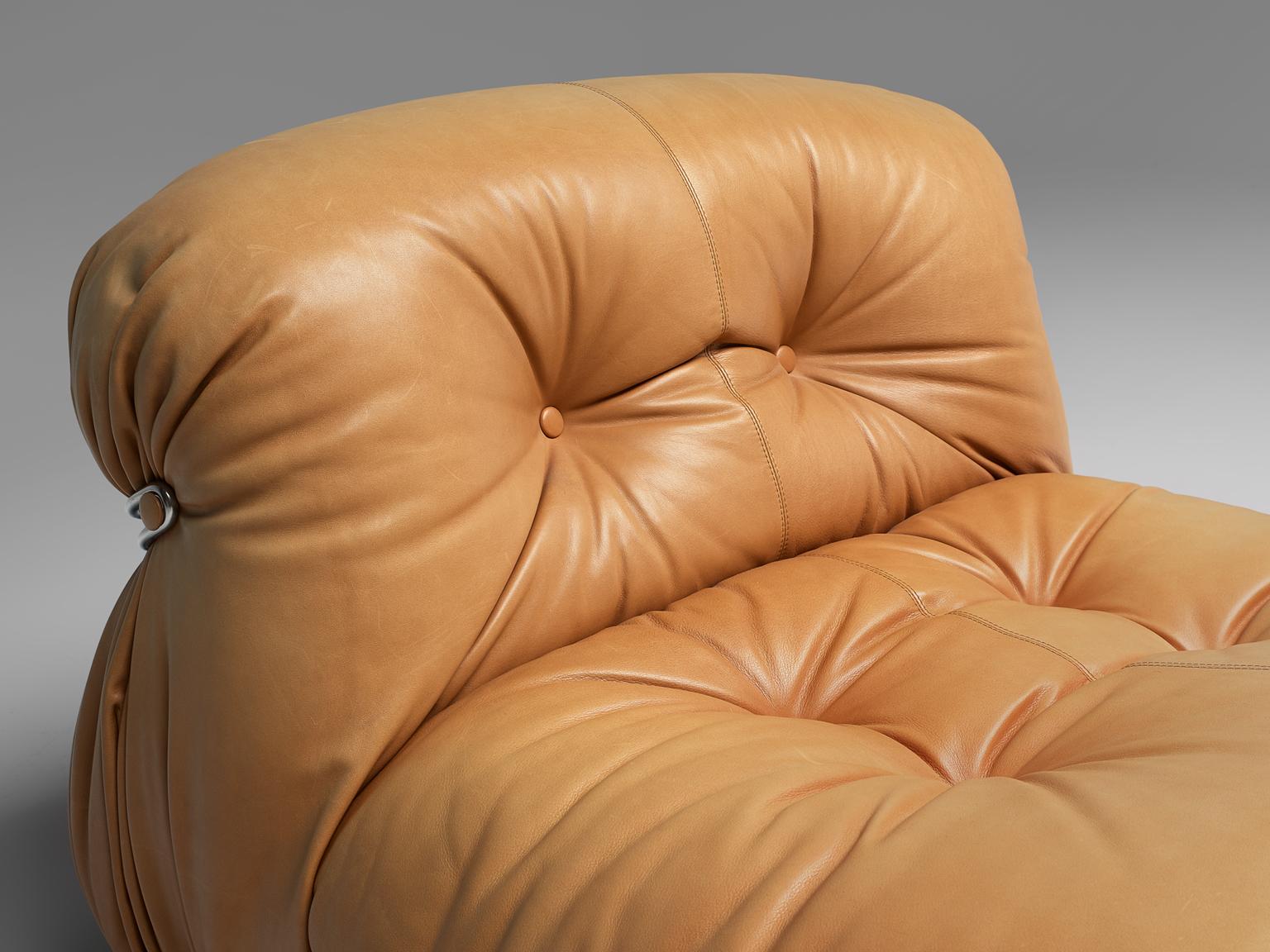 Steel Tobia Scarpa for Cassina 'Soriana' Chaise Longue Chair in Cognac Leather
