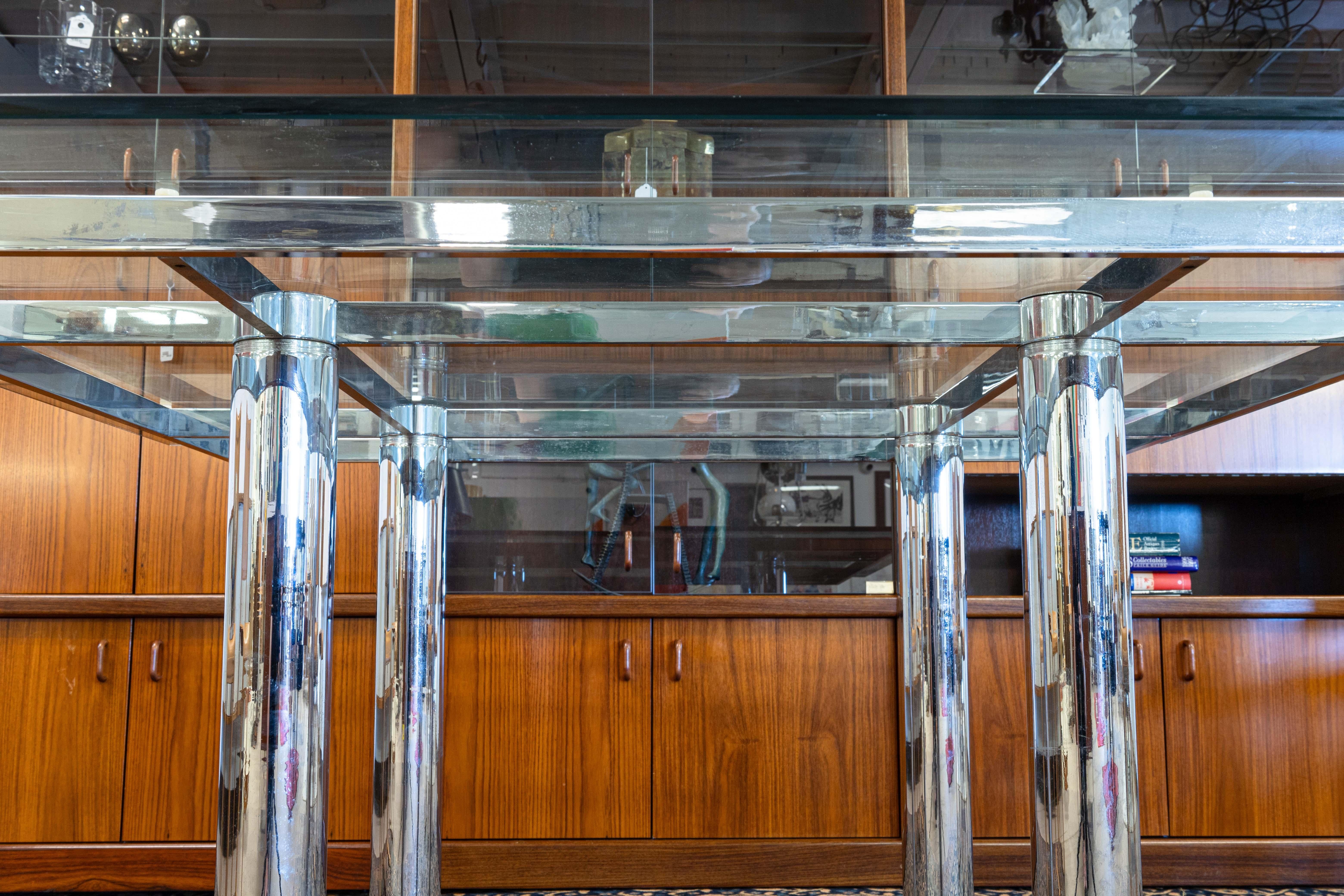 Table de salle à manger carrée en chrome et verre Tobia Scarpa pour Knoll Andre 1