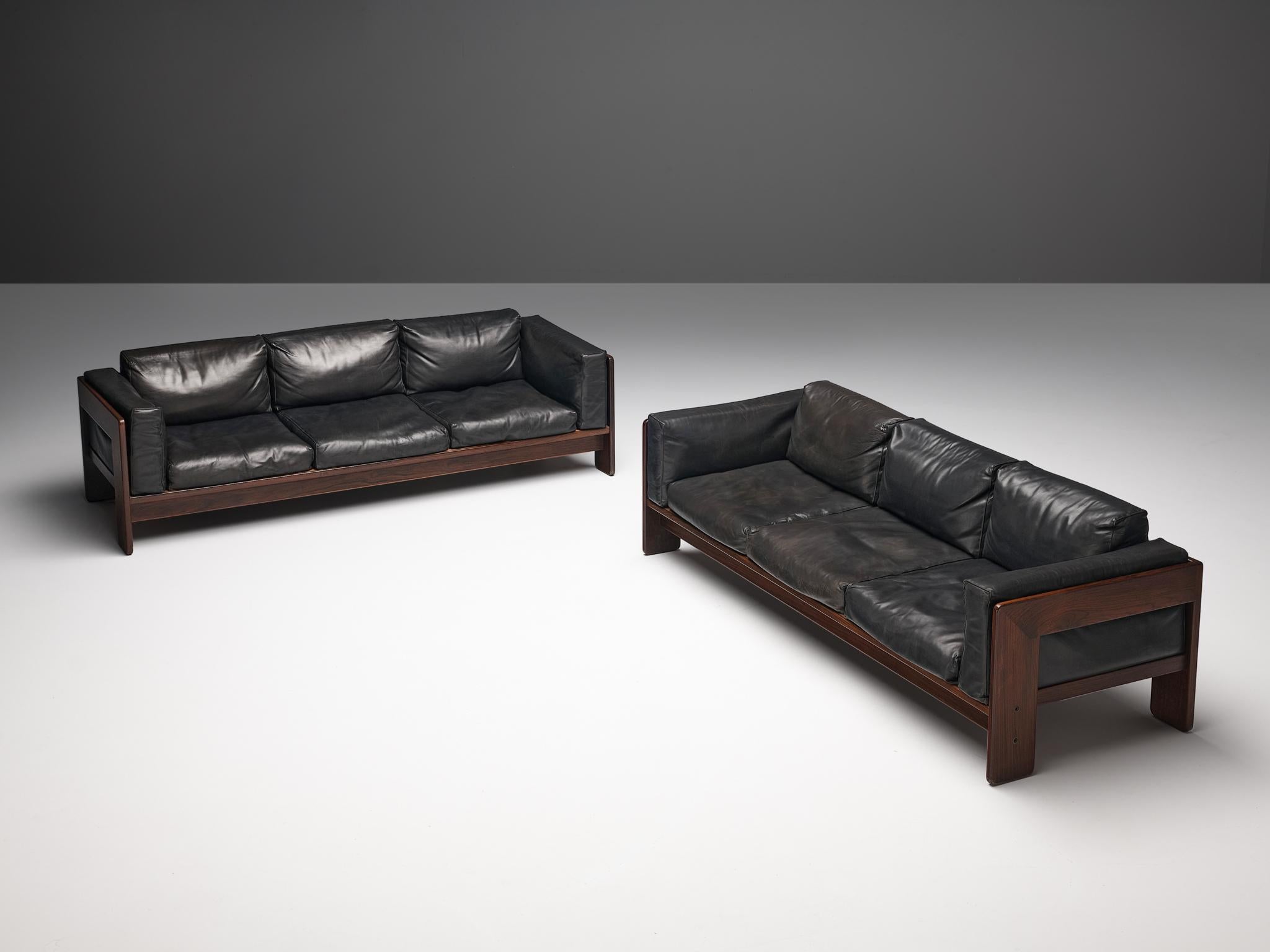 Italian Tobia Scarpa for Knoll Pair of 'Bastiano' Sofas in Black Leather
