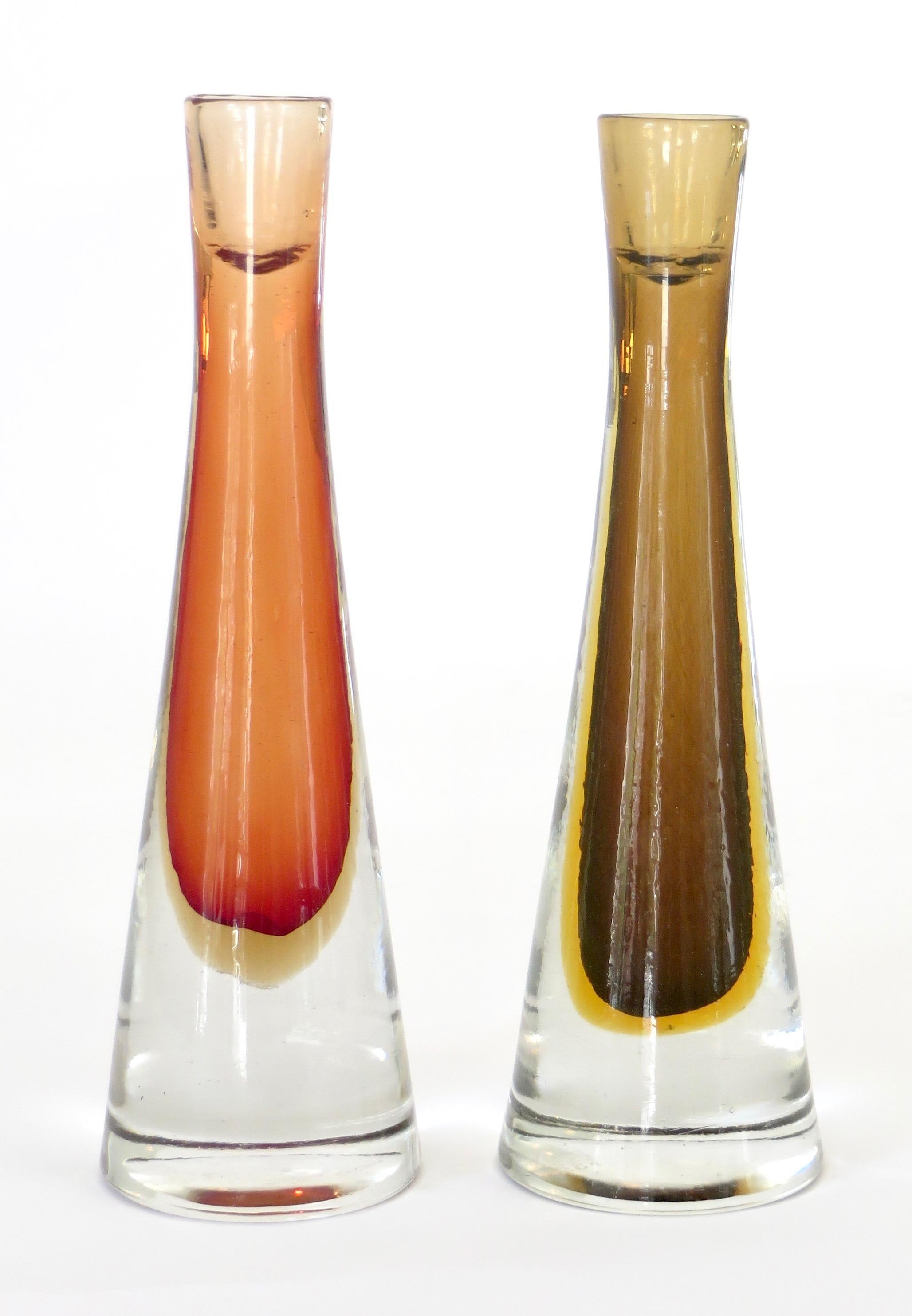 Tobia Scarpa for Venini inciso candlestick, circa 1960, hand blown and wheel carved clear, amber and green gold, olive Sommerso glass, three line acid etched to underside 