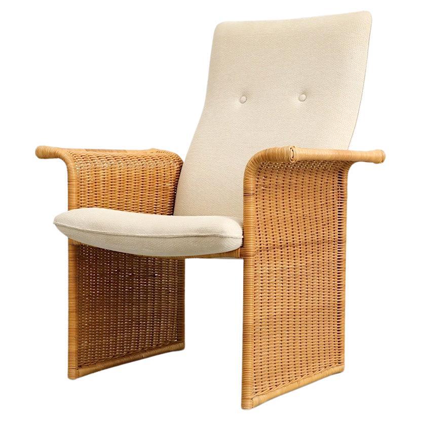 Tobia Scarpa Inspired Rattan Lounge Chair with Cream Upholstery