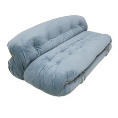 Tobia Scarpa Mid-Century Modern Blue Cotton Velvet Soriana Italian Sofa