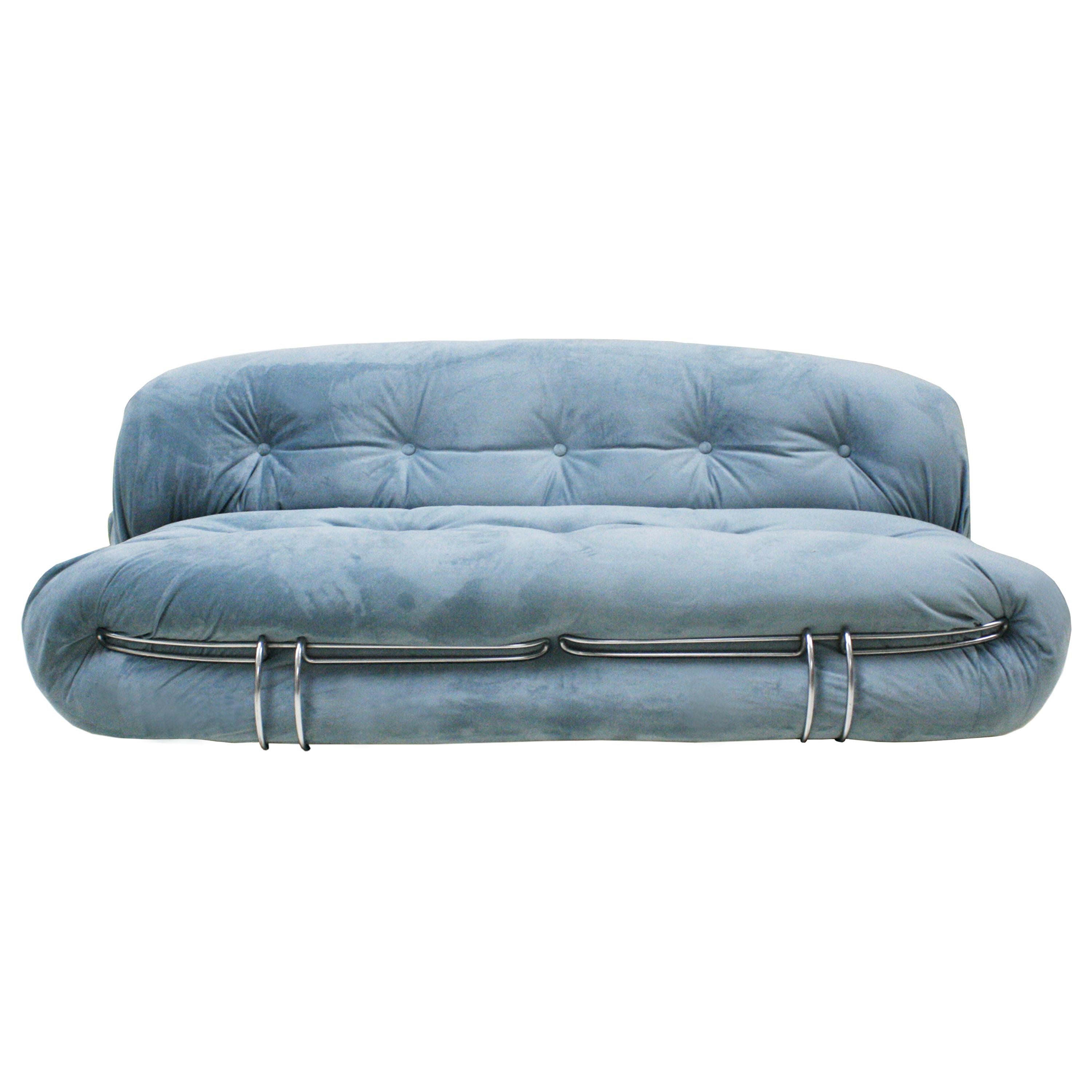 Tobia Scarpa Mid-Century Modern Blue Cotton Velvet Soriana Italian Sofa