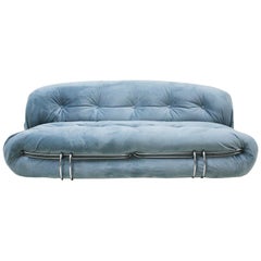 Tobia Scarpa Mid-Century Modern Blue Cotton Velvet Soriana Italian Sofa