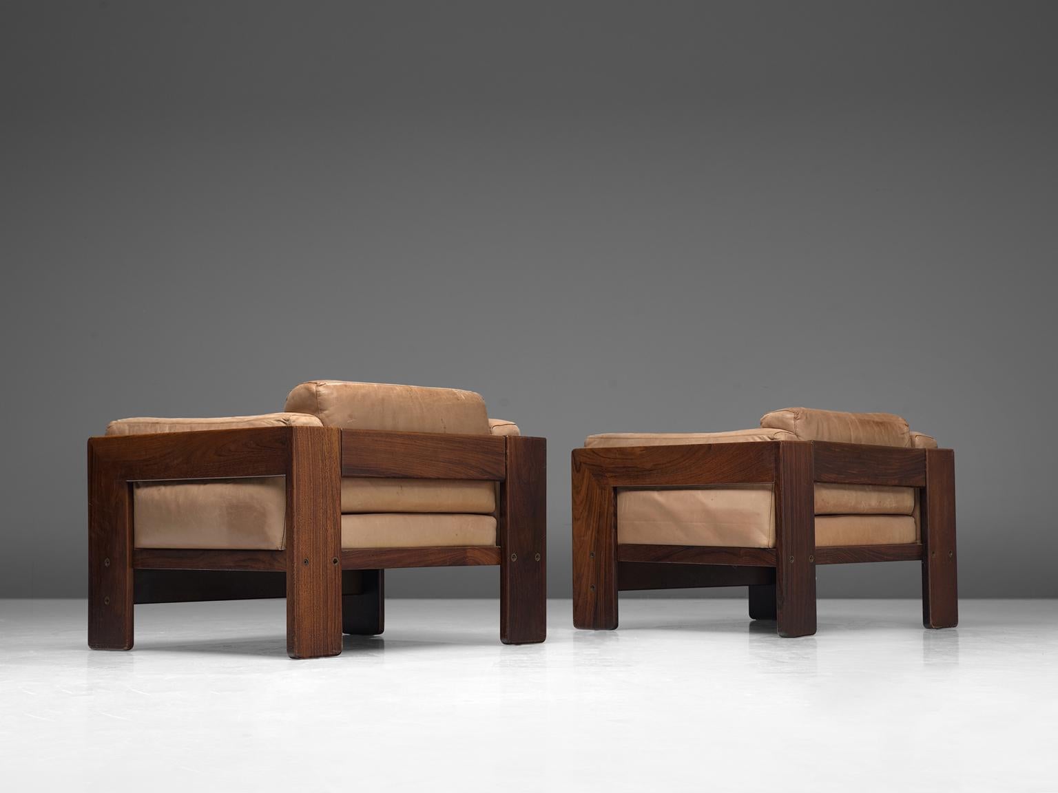 Italian Tobia Scarpa Pair of 'Bastiana' Lounge Chairs in Rosewood and Leather