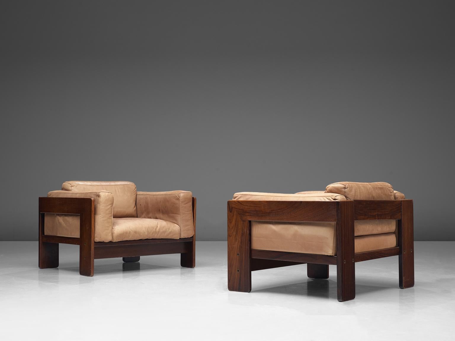 Tobia Scarpa Pair of 'Bastiana' Lounge Chairs in Rosewood and Leather In Good Condition In Waalwijk, NL