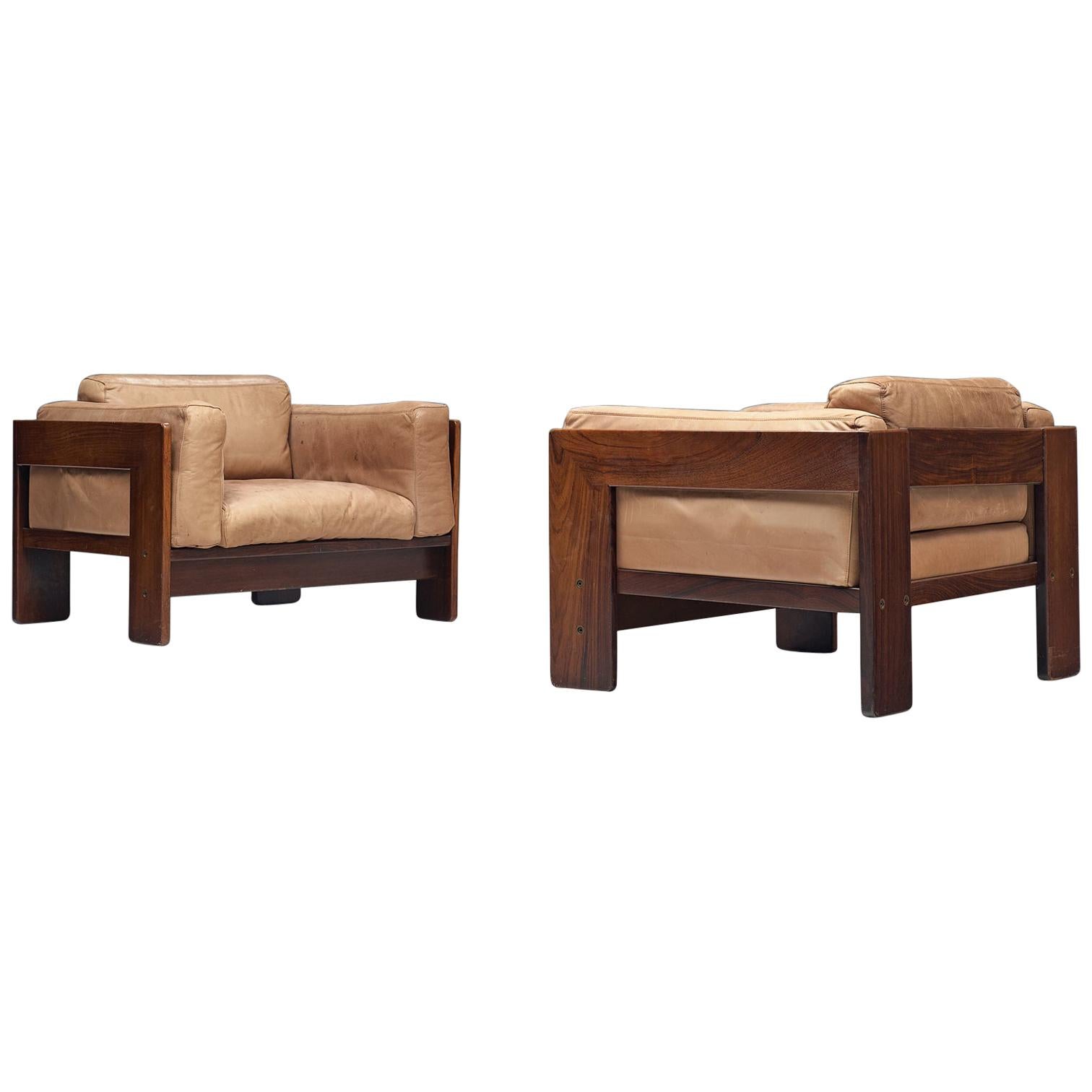 Tobia Scarpa Pair of 'Bastiana' Lounge Chairs in Rosewood and Leather