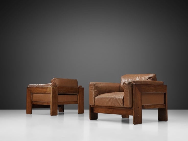 Mid-Century Modern Tobia Scarpa Pair of 'Bastiano' Club Chairs in Brown Leather and Walnut