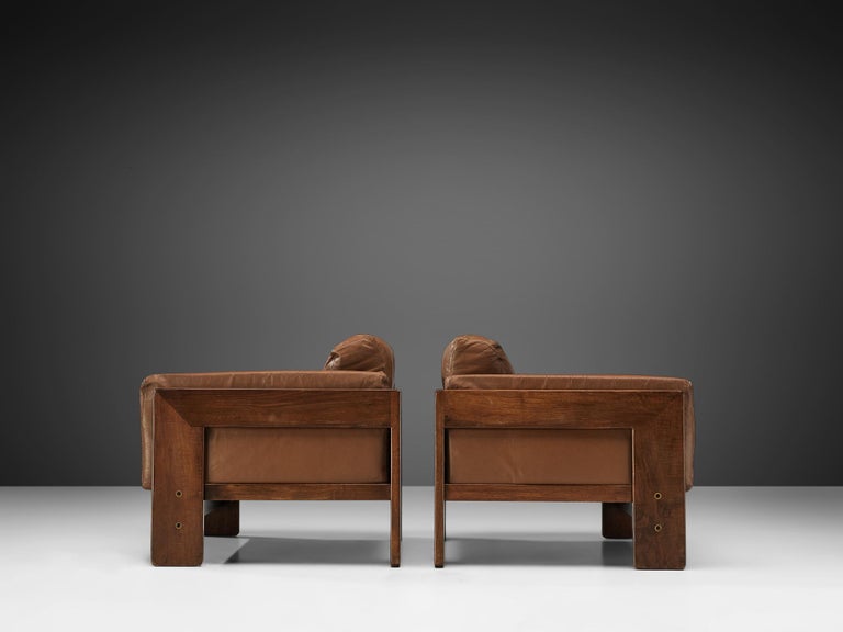 Italian Tobia Scarpa Pair of 'Bastiano' Club Chairs in Brown Leather and Walnut