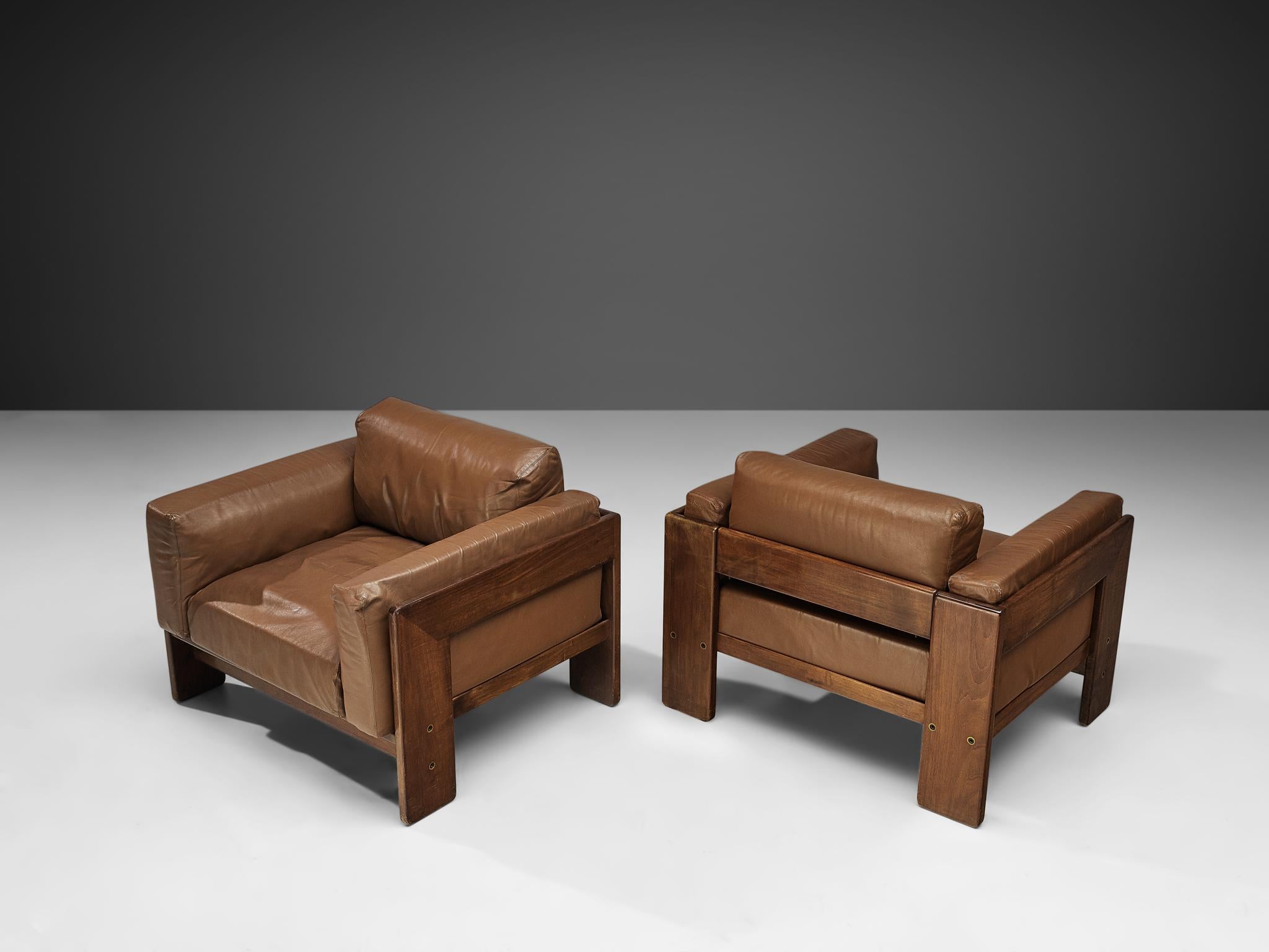 Mid-20th Century Tobia Scarpa Pair of 'Bastiano' Club Chairs in Brown Leather and Walnut