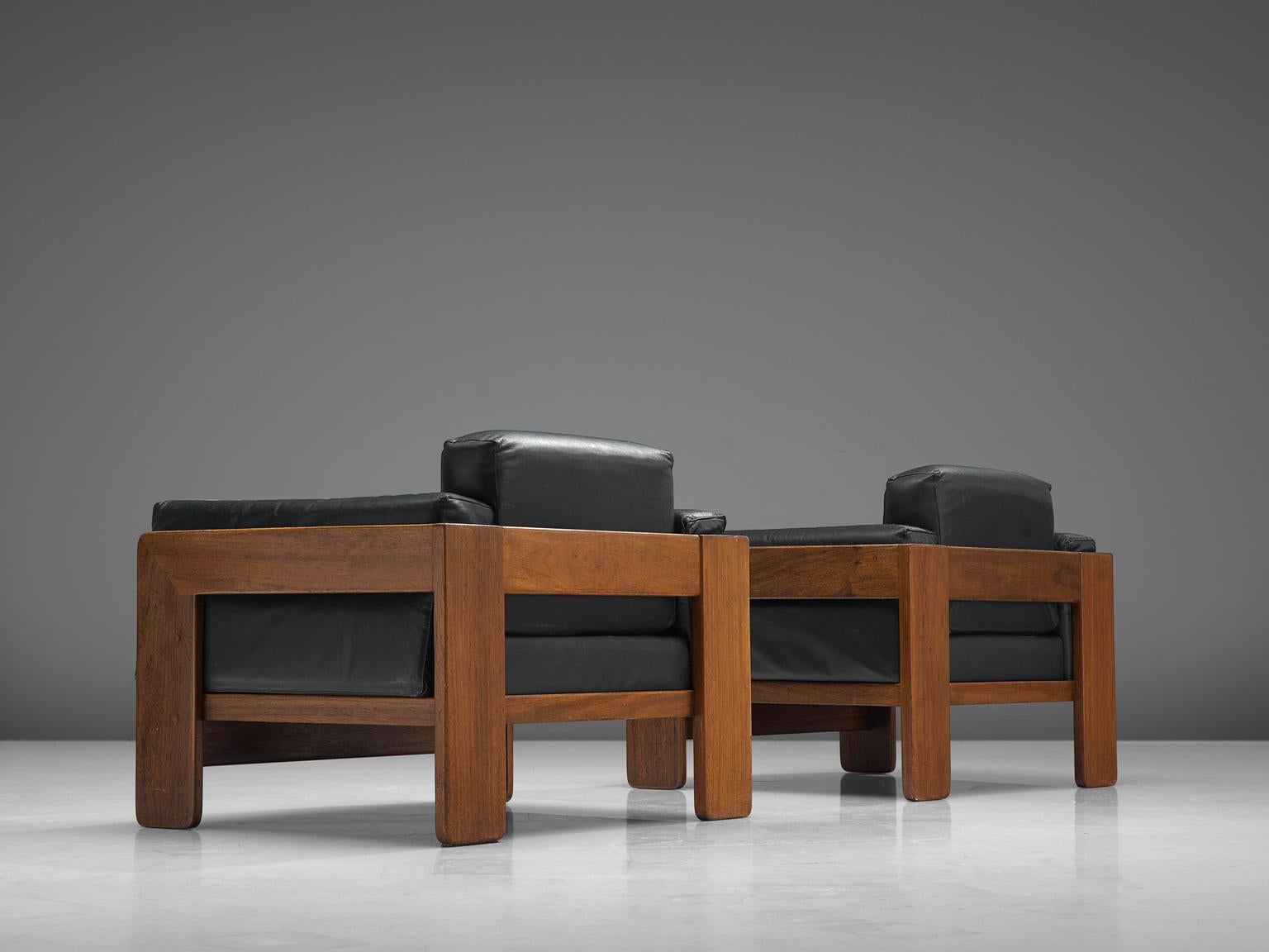 Late 20th Century Tobia Scarpa Pair of 'Bastiano' Club Chairs in Walnut and Black Leather