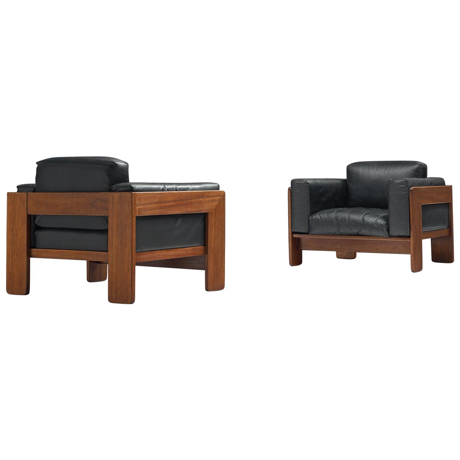 Tobia Scarpa Pair of 'Bastiano' Club Chairs in Walnut and Black Leather