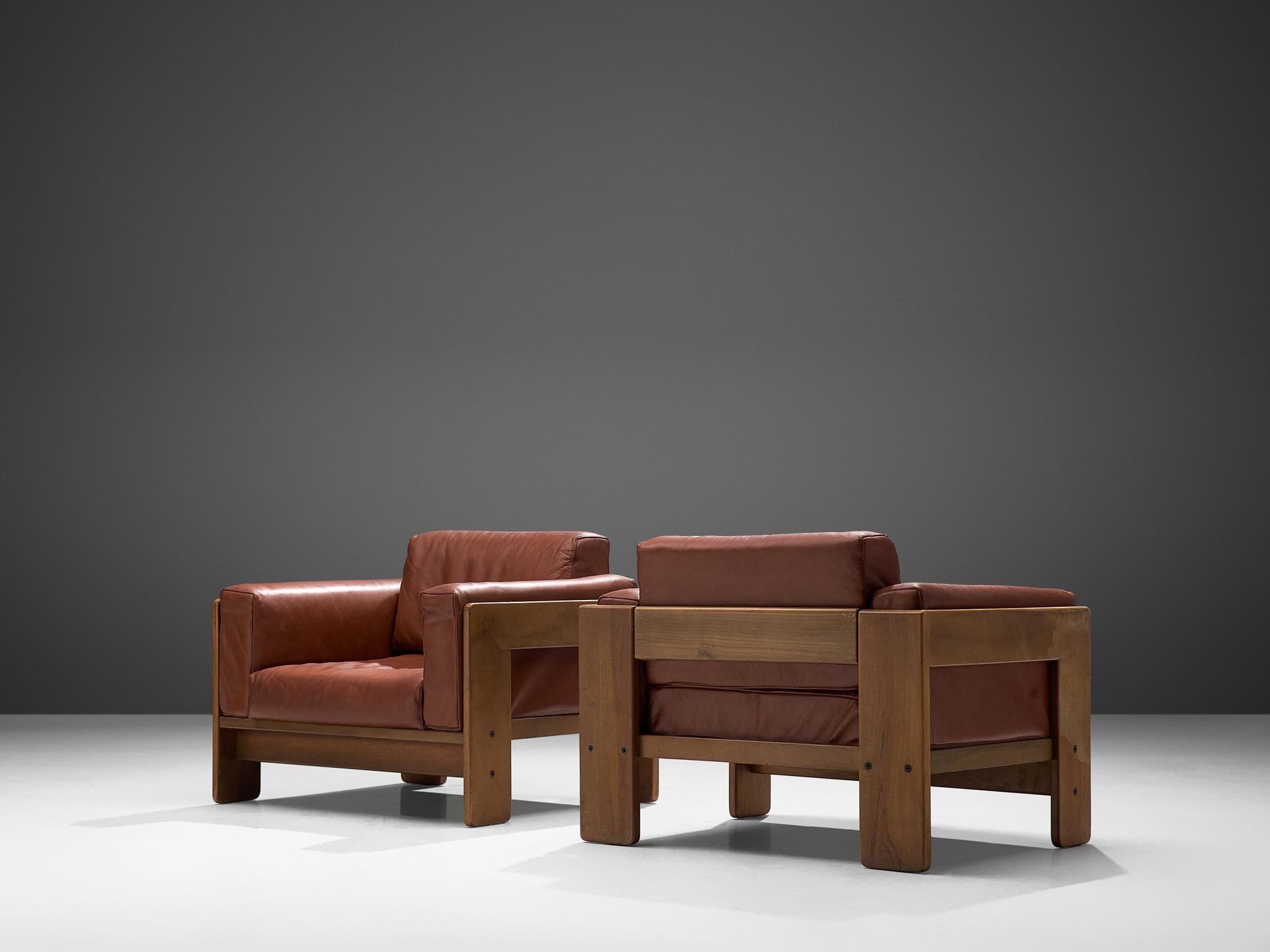 Mid-Century Modern Tobia Scarpa Pair of 'Bastiano' Club Chairs in Walnut and Leather
