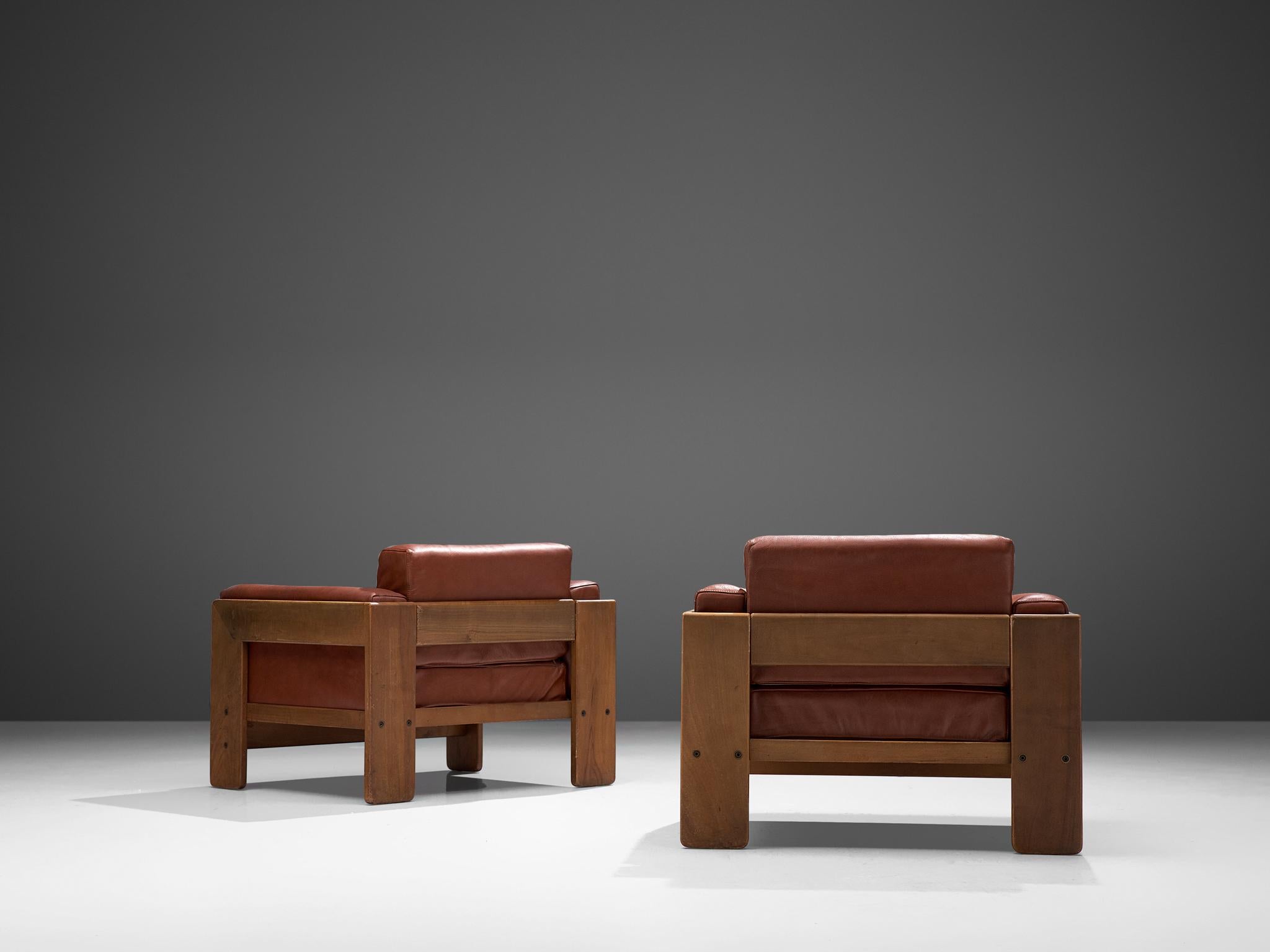 Italian Tobia Scarpa Pair of 'Bastiano' Club Chairs in Walnut and Leather