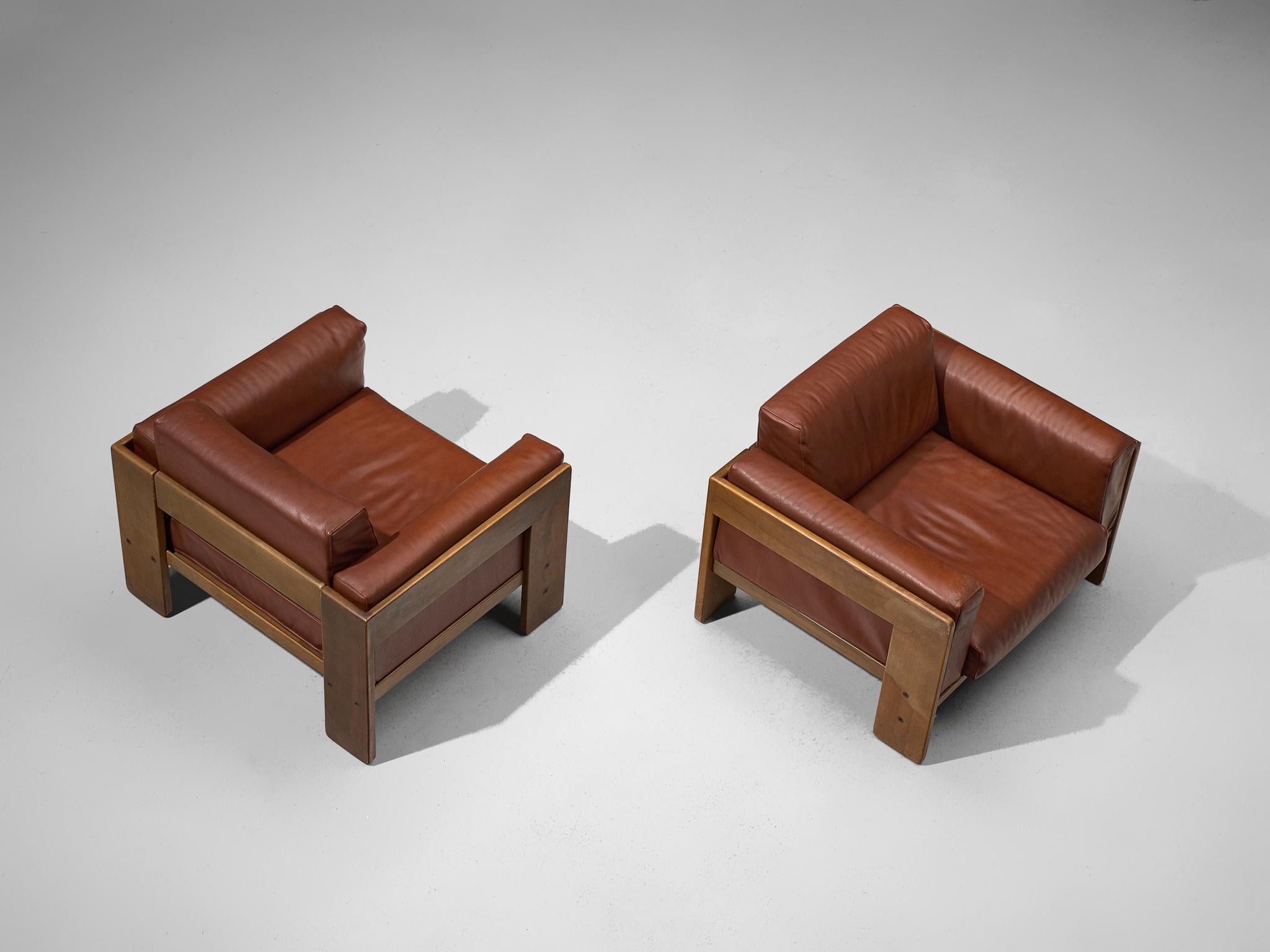 Late 20th Century Tobia Scarpa Pair of 'Bastiano' Club Chairs in Walnut and Leather