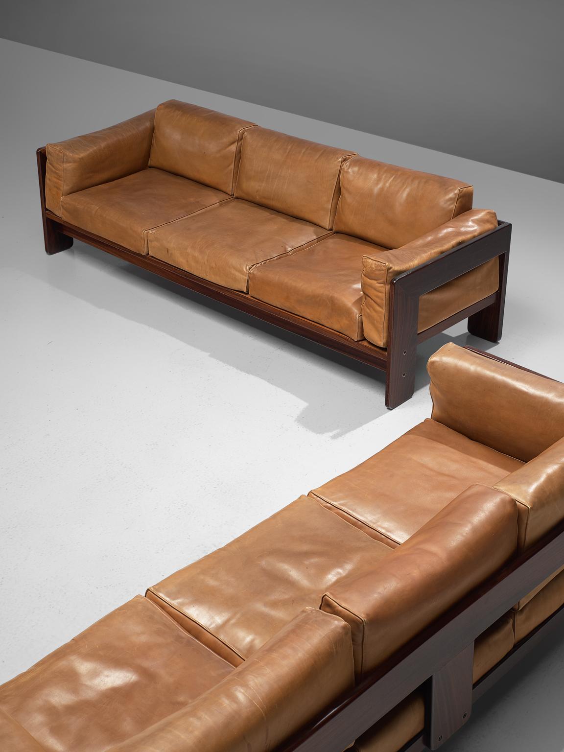 Mid-Century Modern Tobia Scarpa Pair of 'Bastiano' Sofas in Rosewood and Cognac Leather