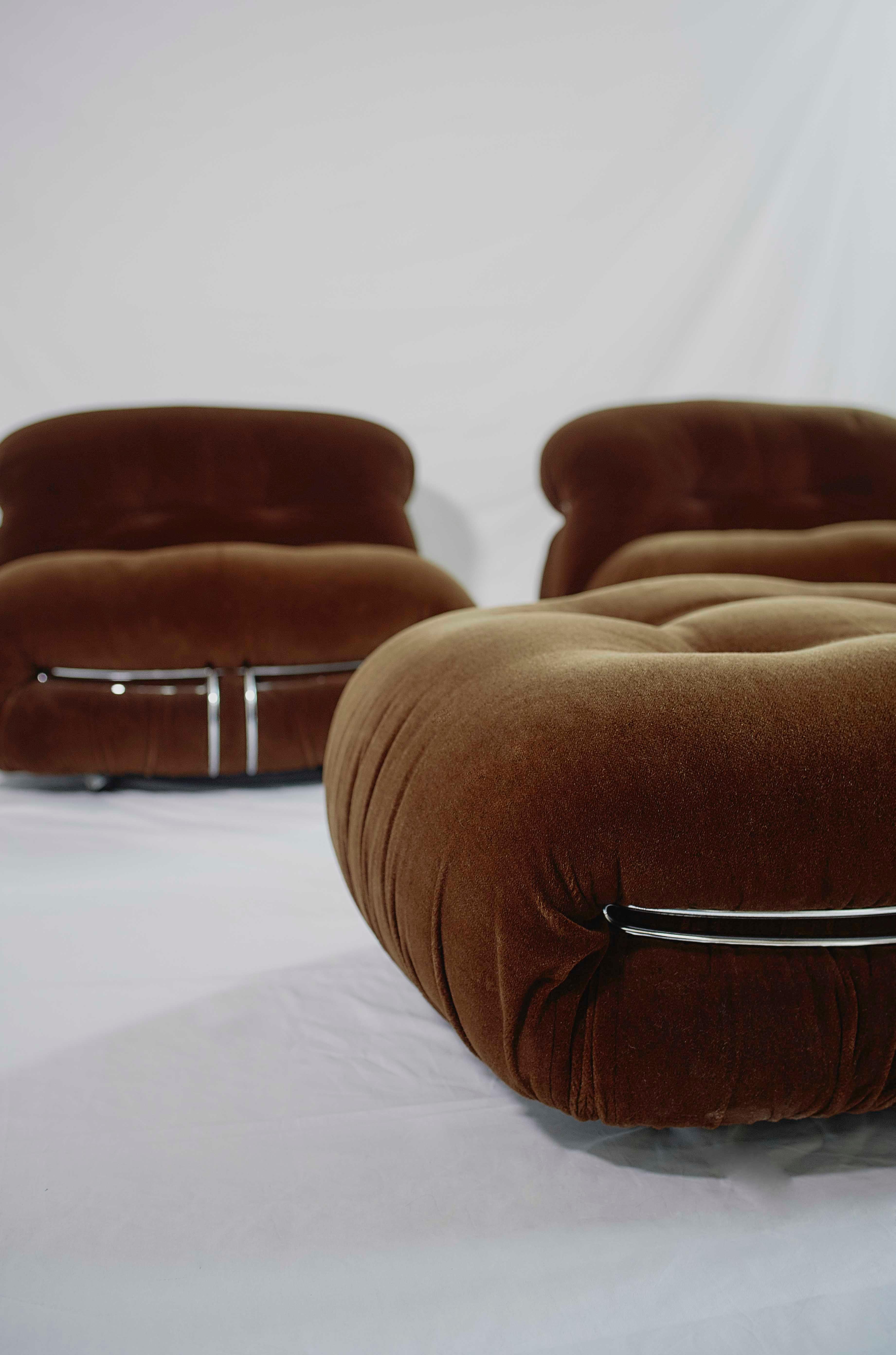 Post-Modern Tobia Scarpa Pair of Soriana Lounge Chairs and Ottoman, Cassina, Italy, 1970