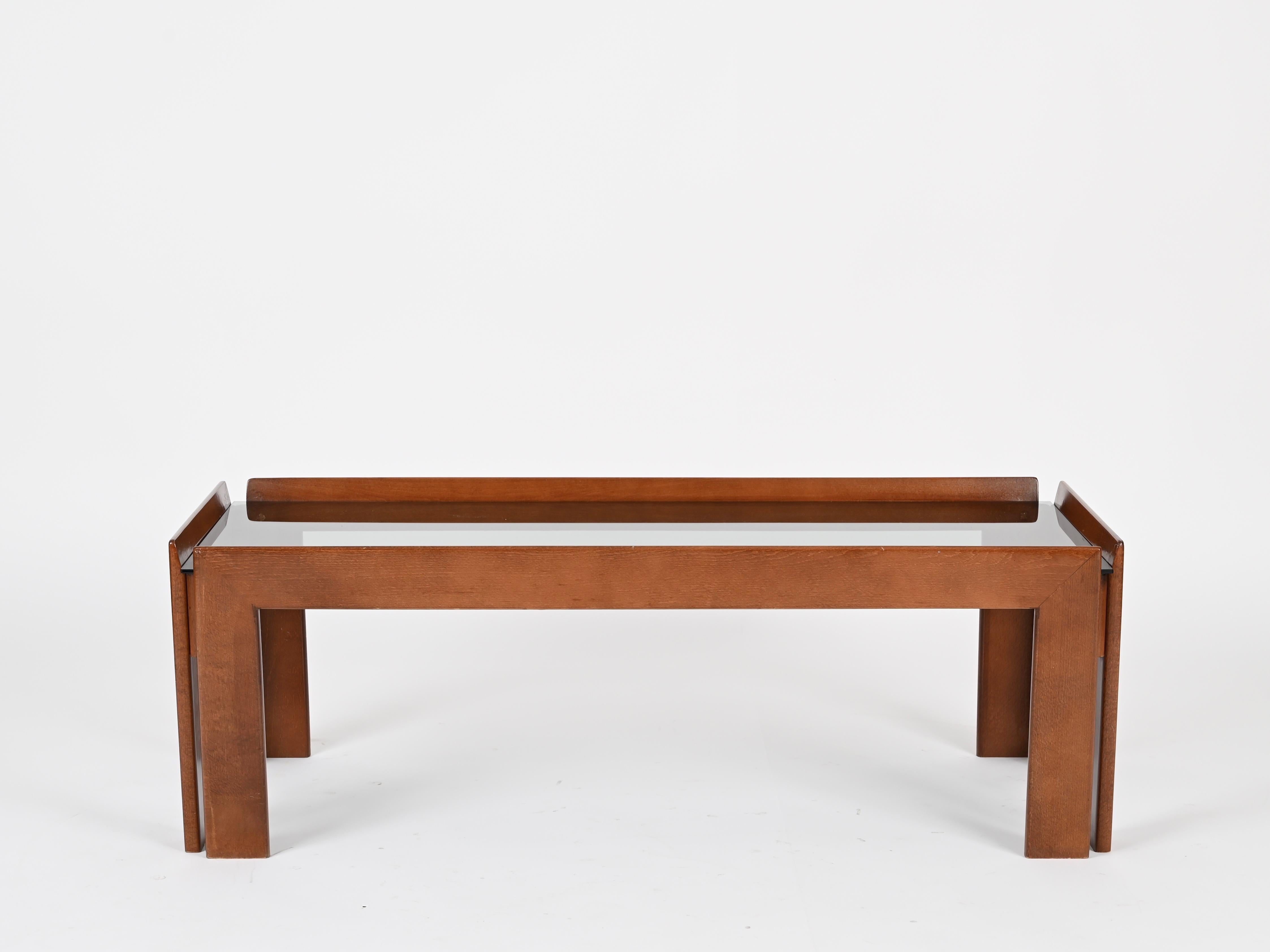 Tobia Scarpa Rectangular Walnut Coffee Table with Smoked Glass, Italy 1960s For Sale 3