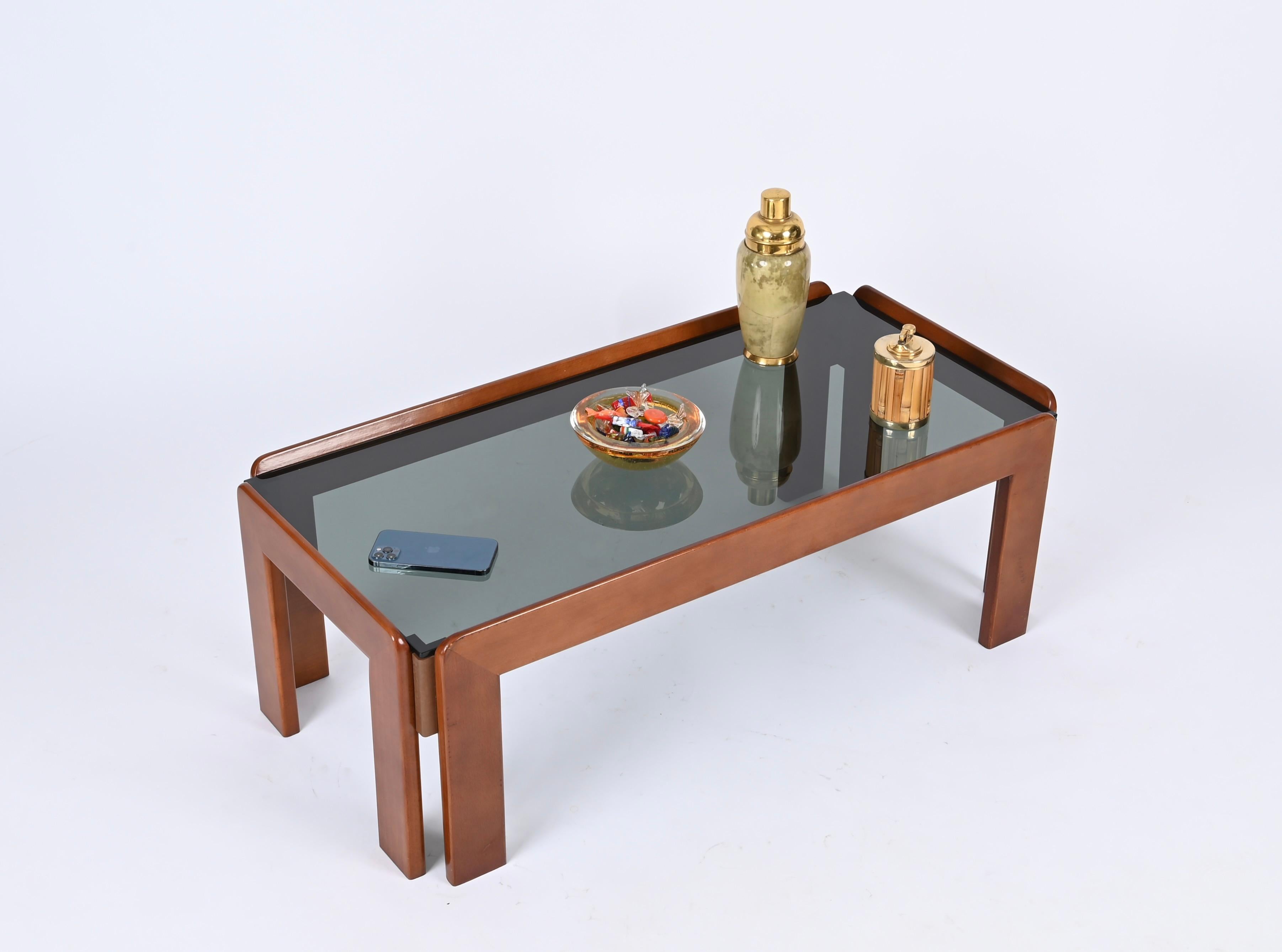 Tobia Scarpa Rectangular Walnut Coffee Table with Smoked Glass, Italy 1960s For Sale 5
