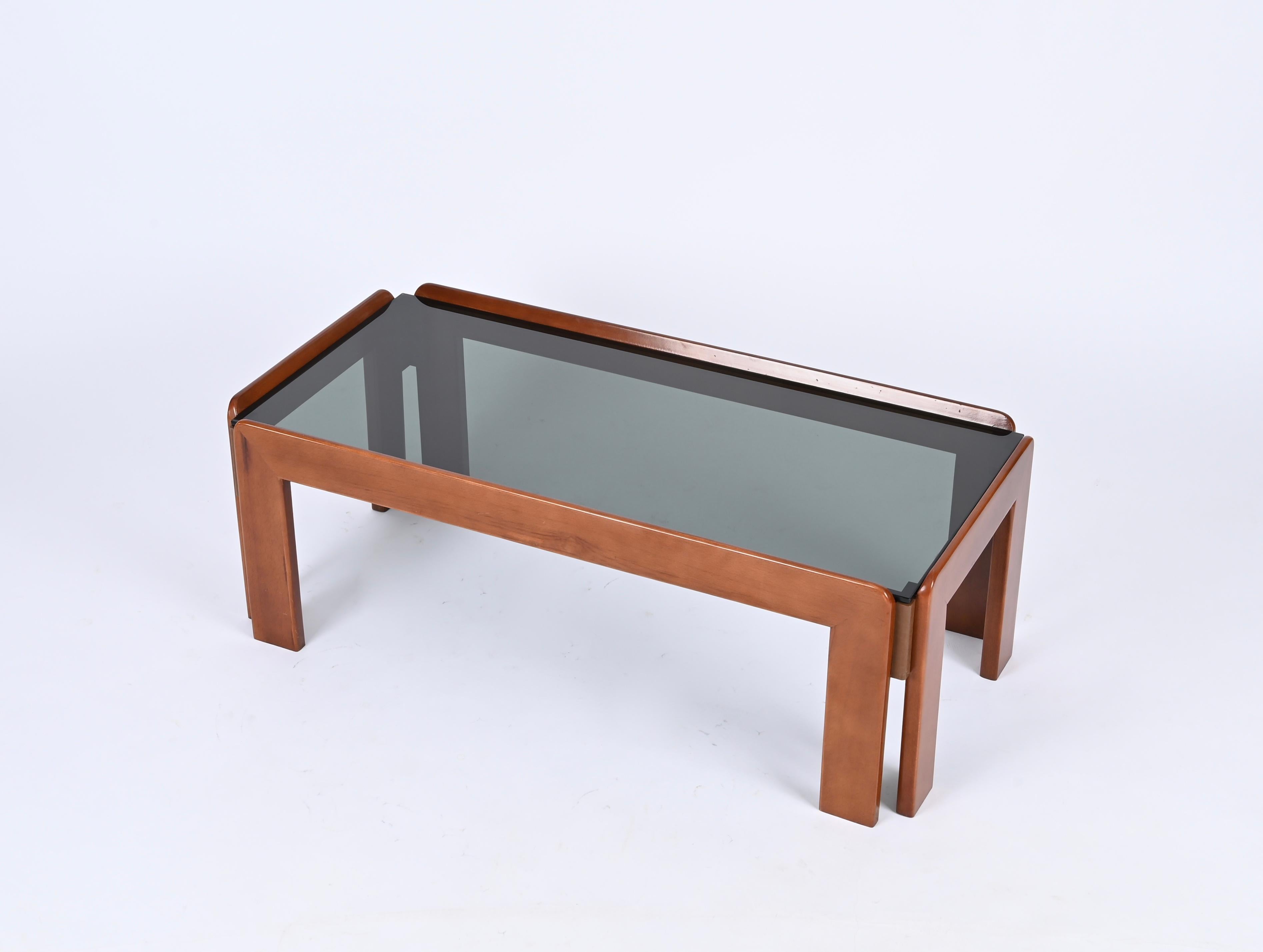 Tobia Scarpa Rectangular Walnut Coffee Table with Smoked Glass, Italy 1960s For Sale 6