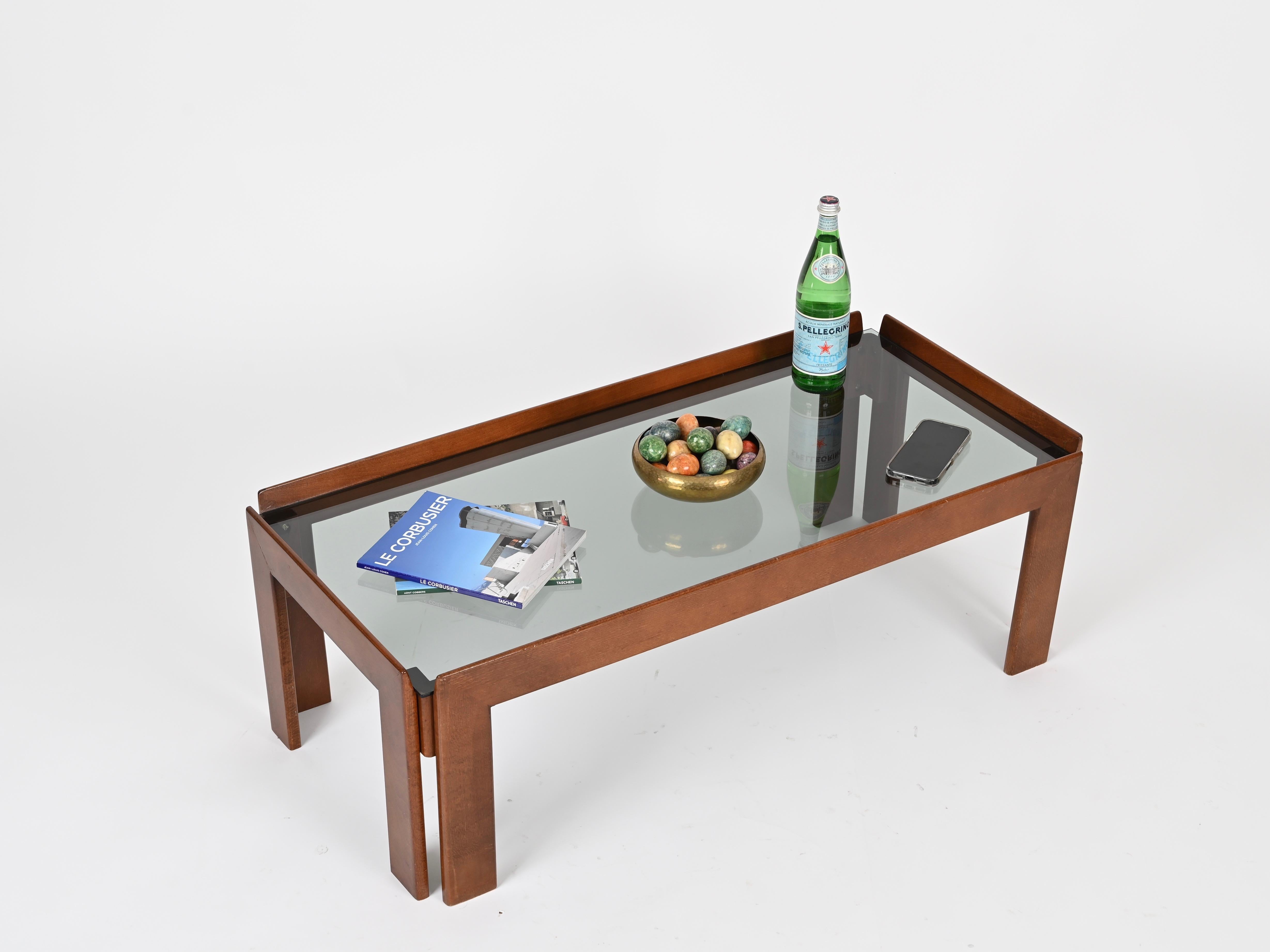 Tobia Scarpa Rectangular Walnut Coffee Table with Smoked Glass, Italy 1960s For Sale 6