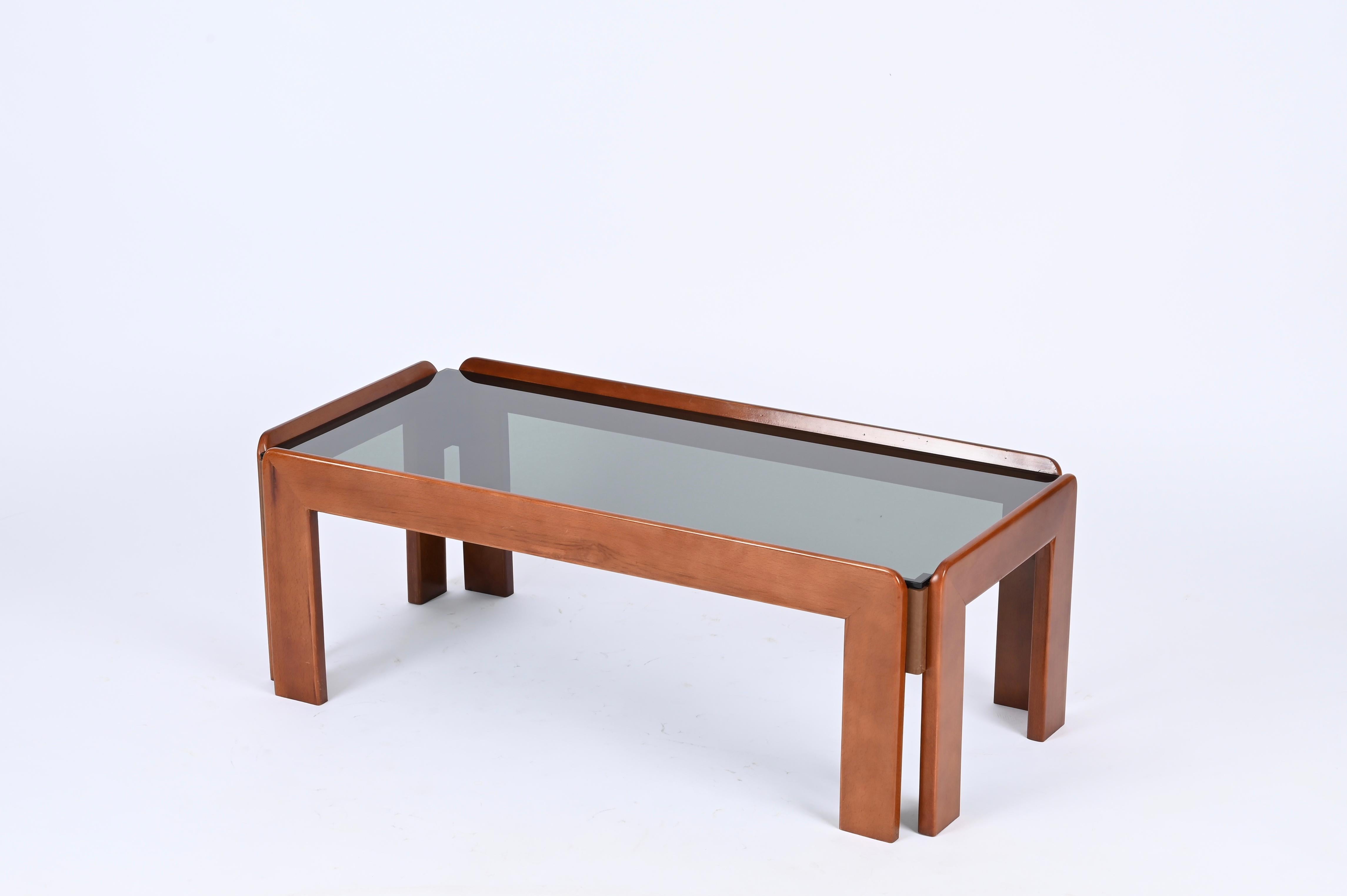 Mid-Century Modern Tobia Scarpa Rectangular Walnut Coffee Table with Smoked Glass, Italy 1960s For Sale