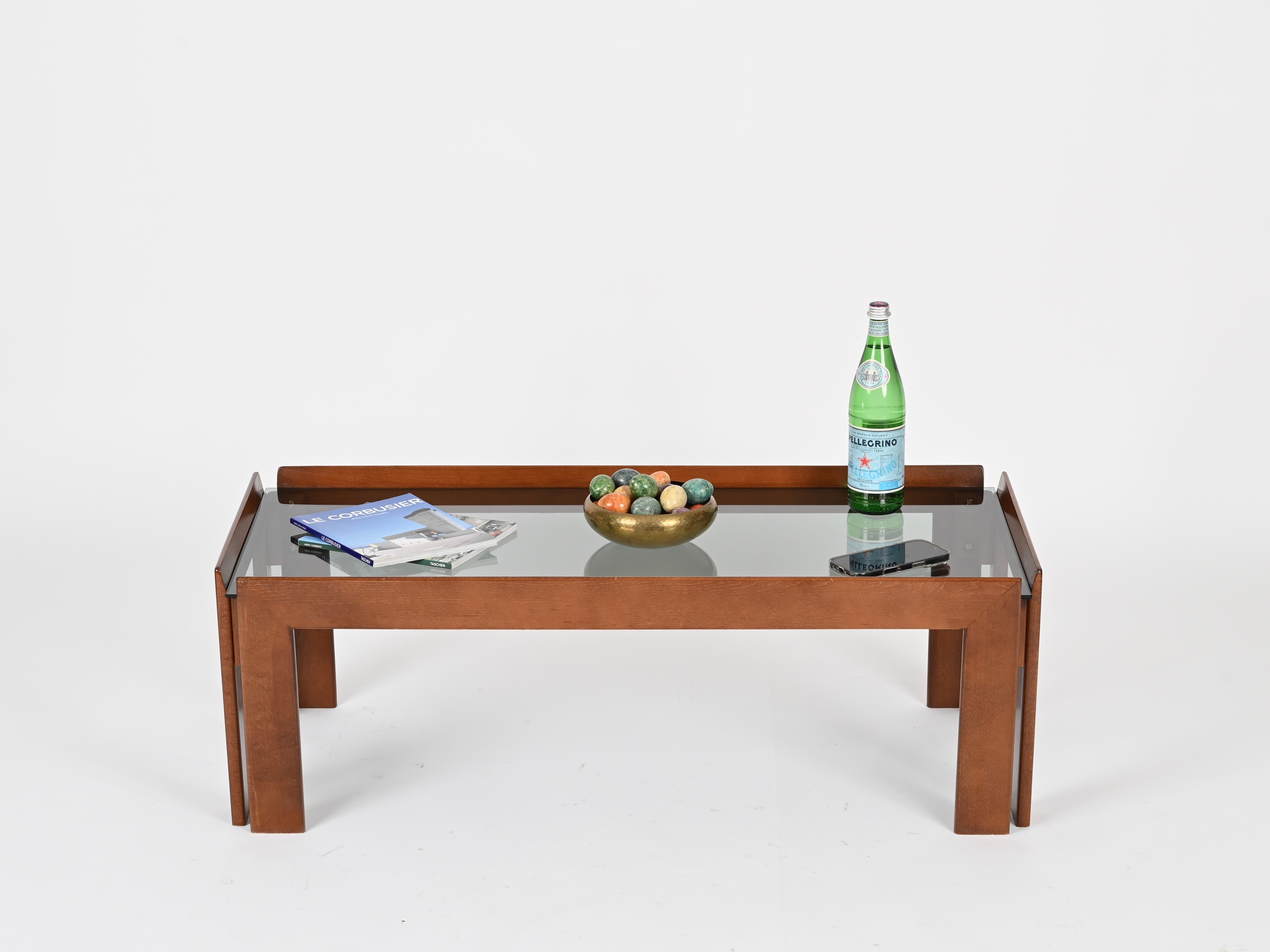 Mid-Century Modern Tobia Scarpa Rectangular Walnut Coffee Table with Smoked Glass, Italy 1960s For Sale